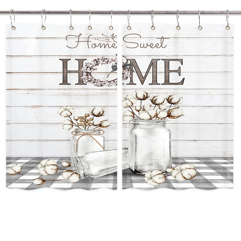 Farmhouse Kitchen Curtains - Modern Floral Cotton Buffalo Plaid Check Window Drapes for Rustic Decor, Gray Barn Wood Design with Hooks (55x39 Inches) - Perfect for Country Style Kitchens, Dining Rooms & Farmhouse Windows