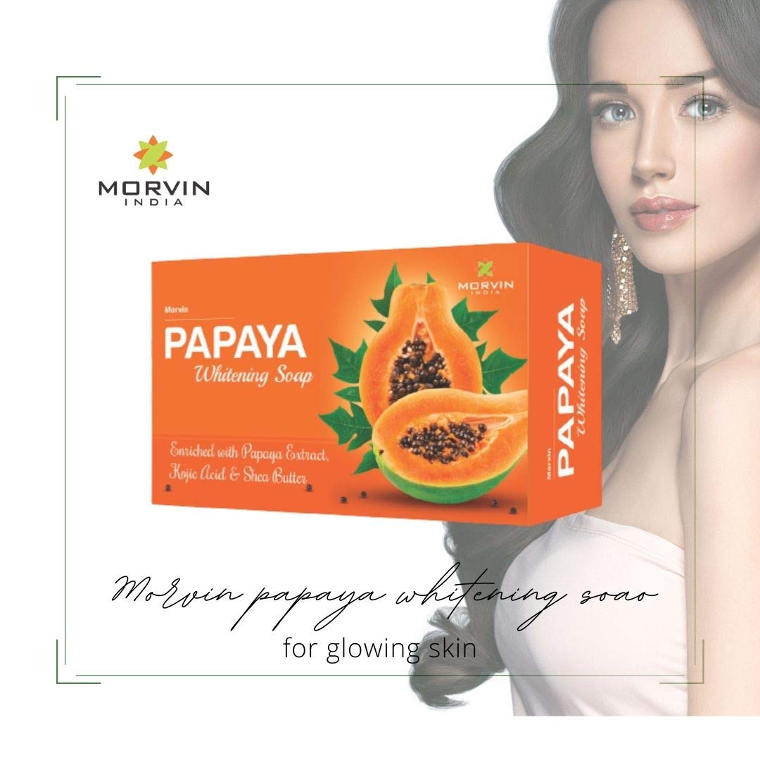 Morvin Papaya Soap for Dark Spots & Acne - Enriched with Papaya Extract & Shea Butter - 75g (Pack of 4) - Brightening Face & Body Cleanser for Glowing Skin - Perfect for Daily Skincare Routine