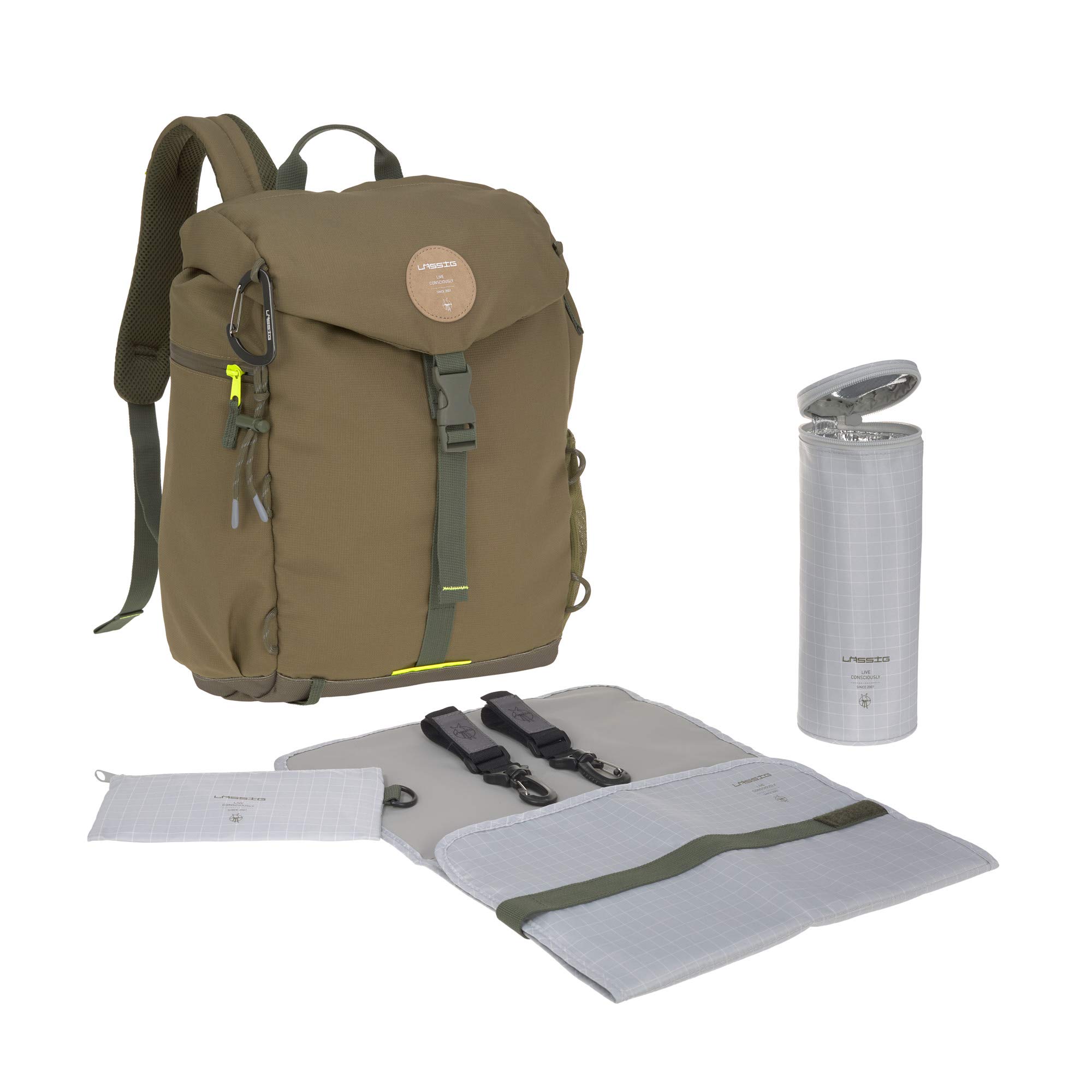 Lässig Baby Changing Backpack with Changing Mat - Waterproof Diaper Bag with Pram Attachment & Bottle Warmer | Eco-Friendly & Durable for Travel, Hiking, and Outdoor Adventures (Olive Green)