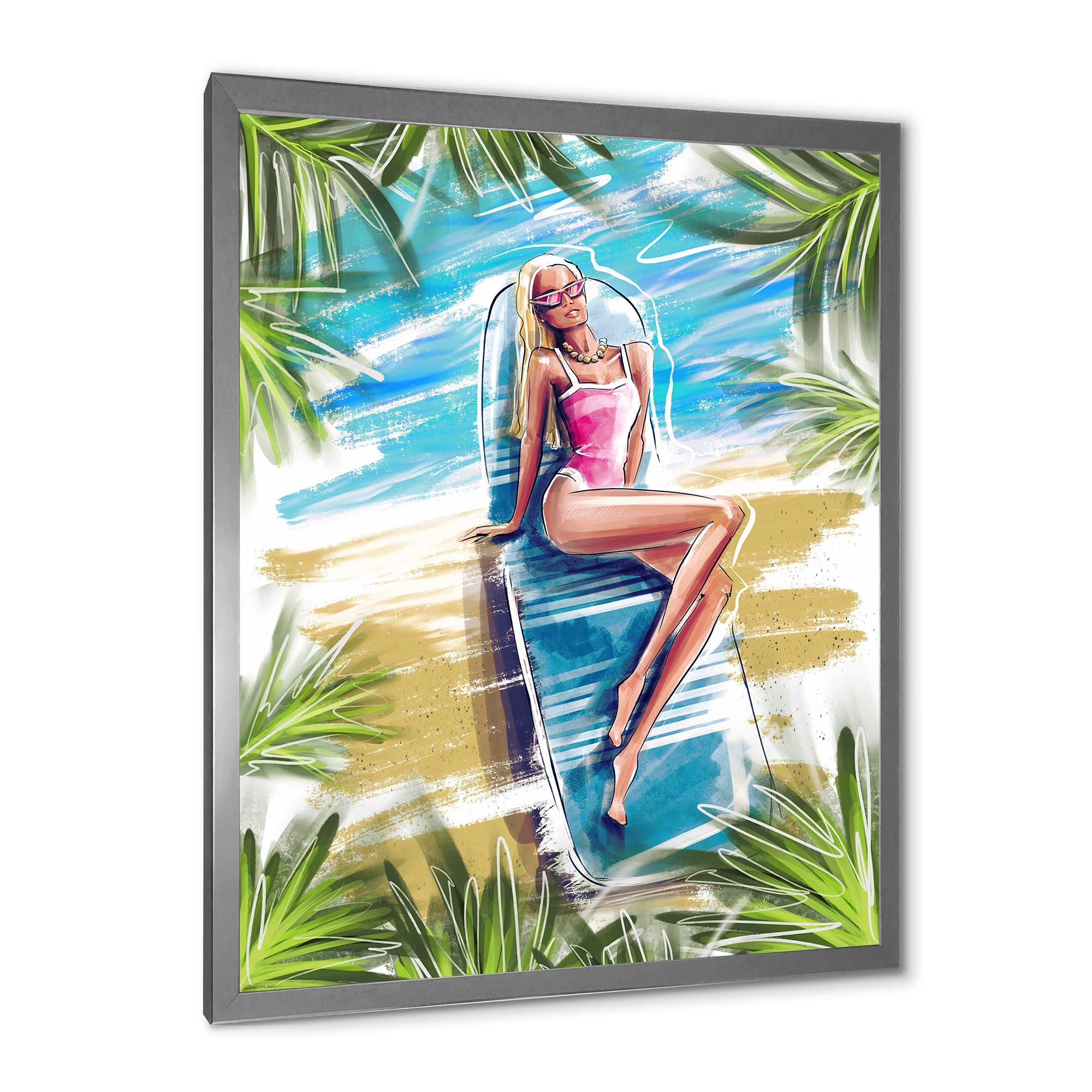 DesignQ Beautiful Blonde Model Beach Sunbathing Nautical Coastal Framed Wall Art - Perfect for Beach House Decor, Living Room, Bedroom & Coastal Themed Interiors