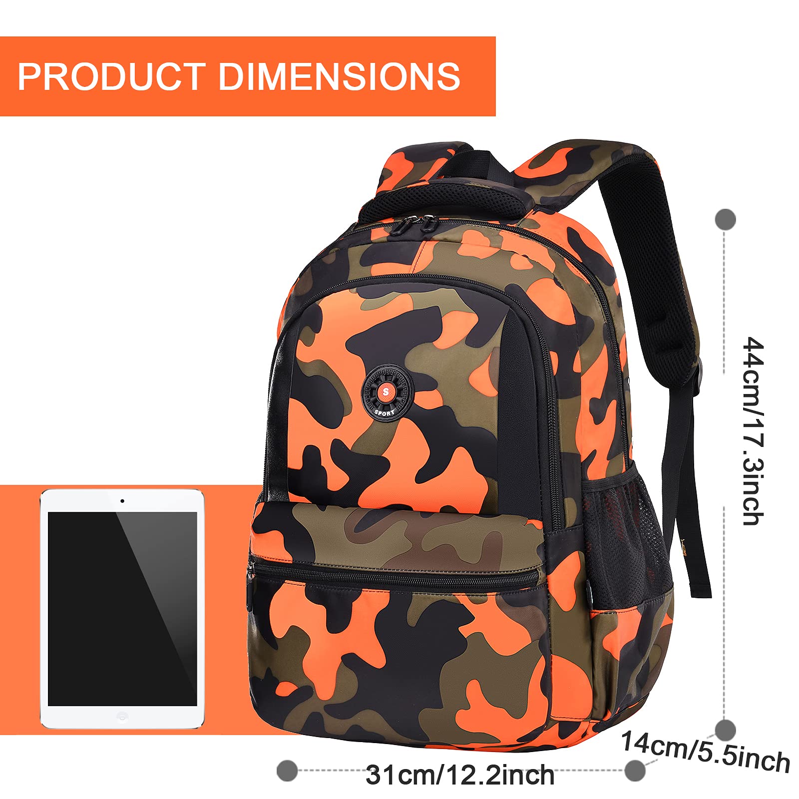 CY Camo Orange Backpack for School, Travel & Outdoor - Christmas Gift for Kids