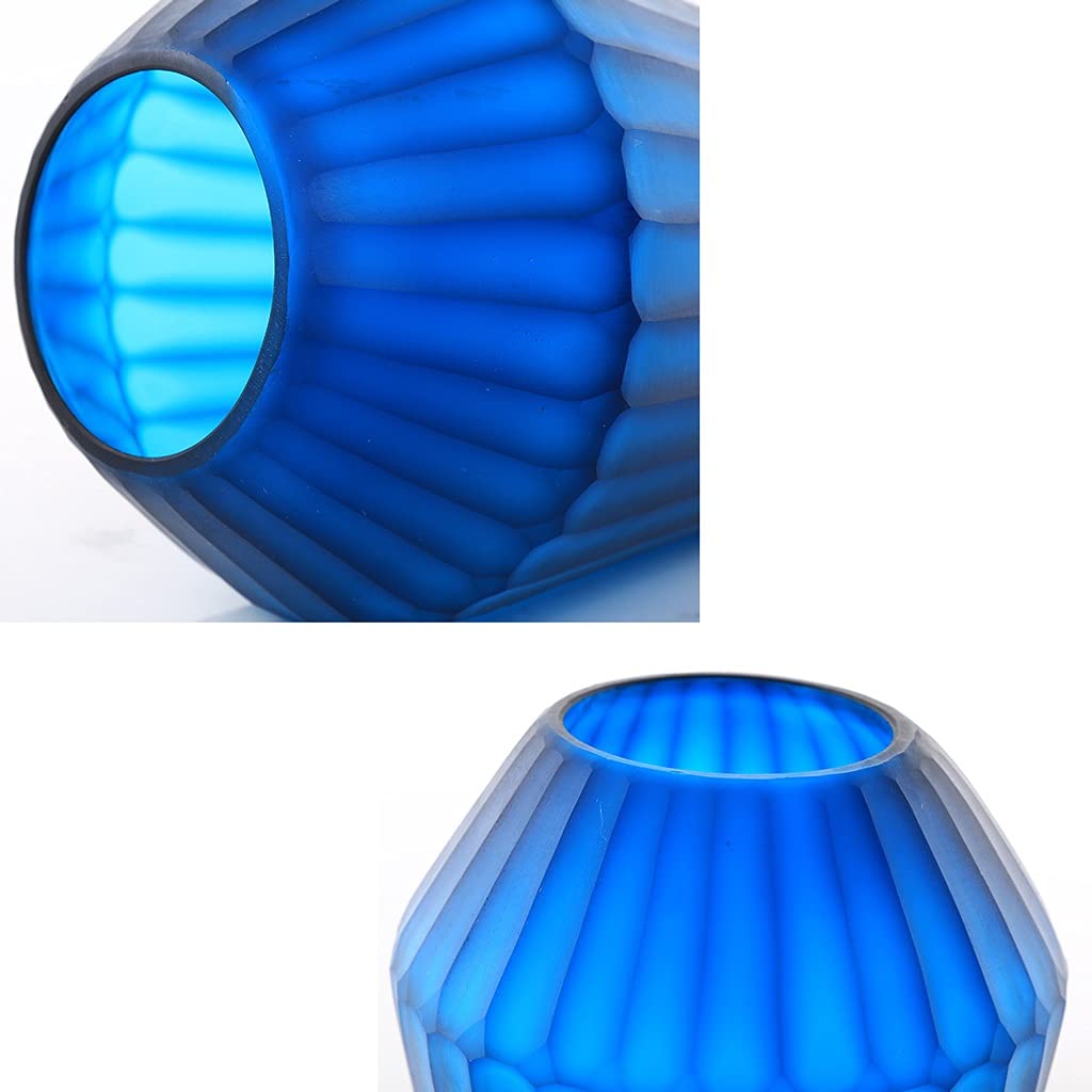 Luxury Blue Carved Glass Vase - Elegant Home Decor for Living Room, Desktop Flower Arrangement, Hotel Decoration | Vertical Pattern Design, Perfect for Weddings, Dining Tables & Centerpieces (Size A)