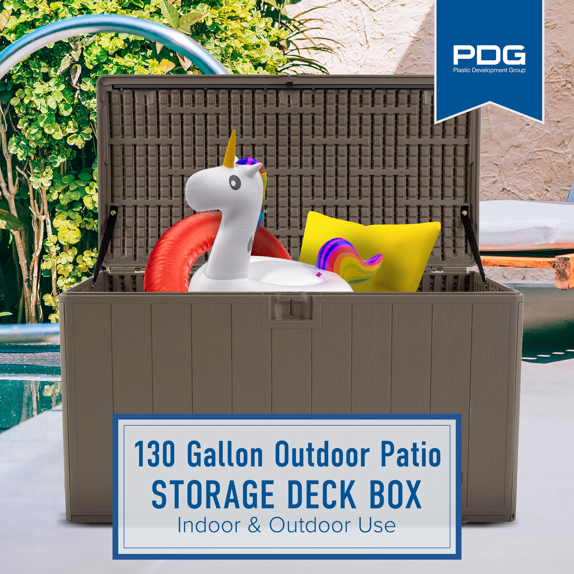 130 Gallon Outdoor Storage Deck Box with Soft Closure - Weatherproof Plastic Deck Box for Patio, Garden & Backyard Organization - Java Brown