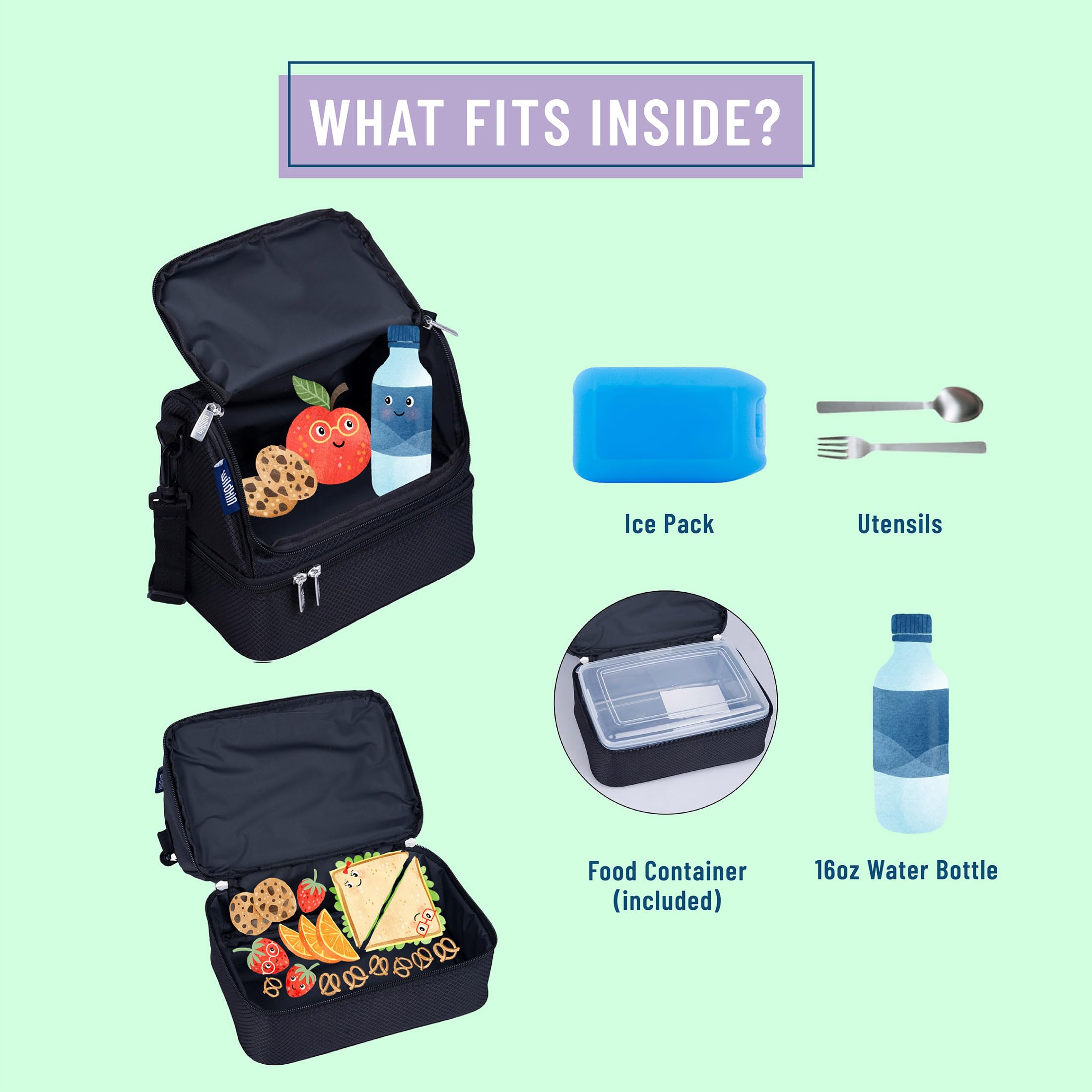 Wildkin Insulated Lunch Bag for Kids - 2 Compartment Thermal Lunch Box for School & Travel - Keeps Food Hot or Cold - Durable Rip-Stop Black Design - Perfect for Elementary Students, Picnics & Outdoor Activities