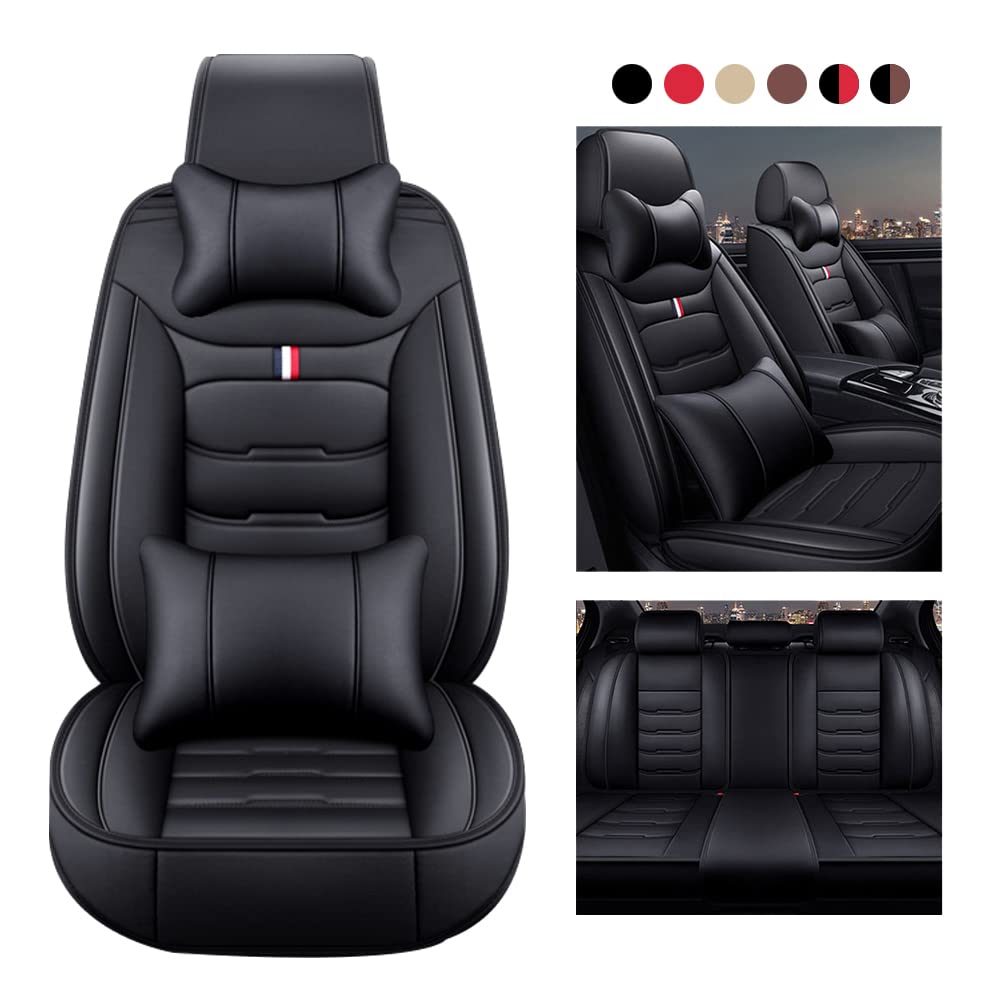 Premium Universal Leather Car Seat Covers Full Set - Waterproof Auto Seat Protectors for Sedan, Truck & SUV with Headrest & Back Pillow (Black) | Perfect for Road Trips, Daily Commutes & Protecting Your Vehicle Interior