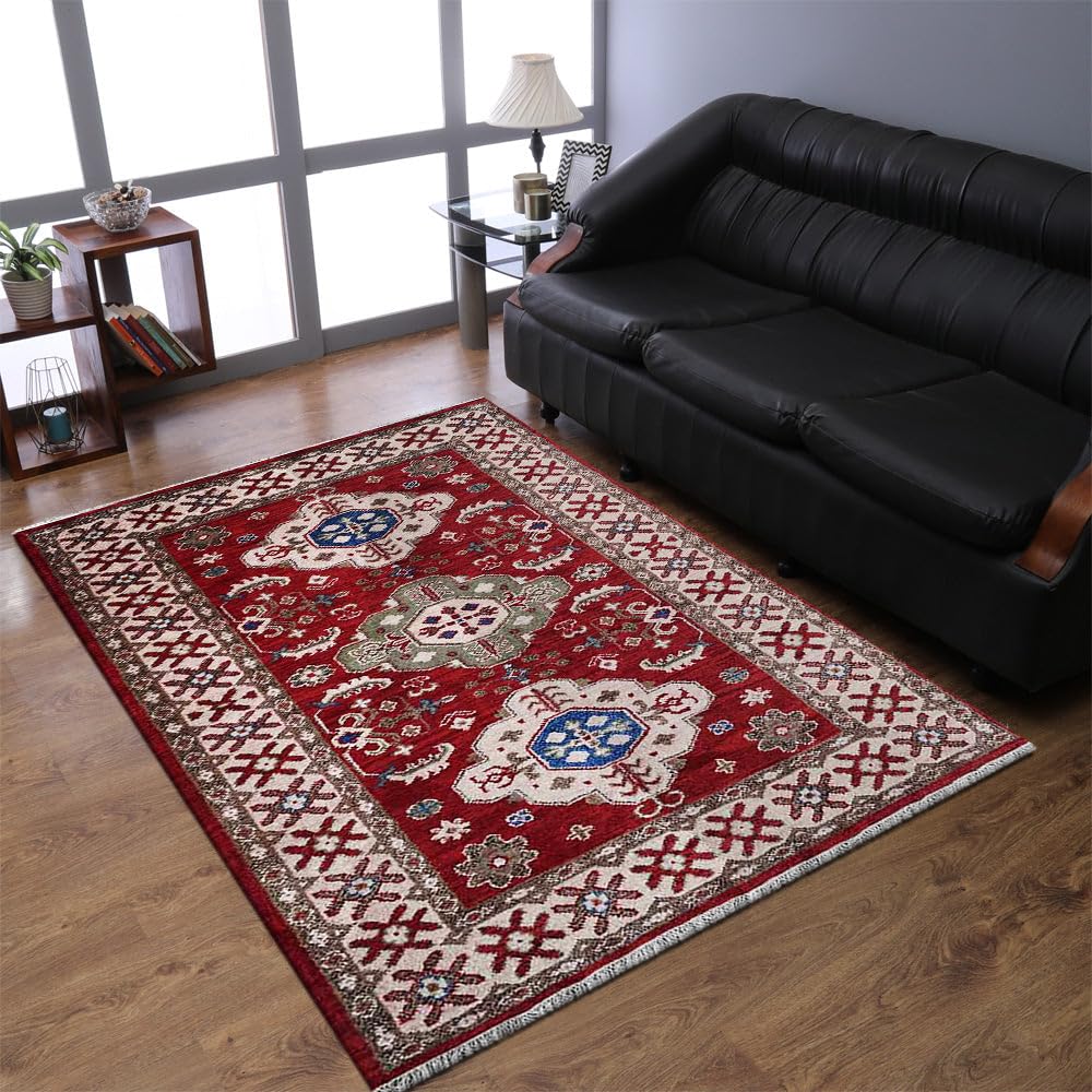 Hand Knotted Wool & Silk Eco-Friendly Oriental Area Rug 5'x8' Rectangle - Red Cream Traditional Design, Medium Pile Handmade Rug (AF0116) for Living Room, Bedroom & Office Decor