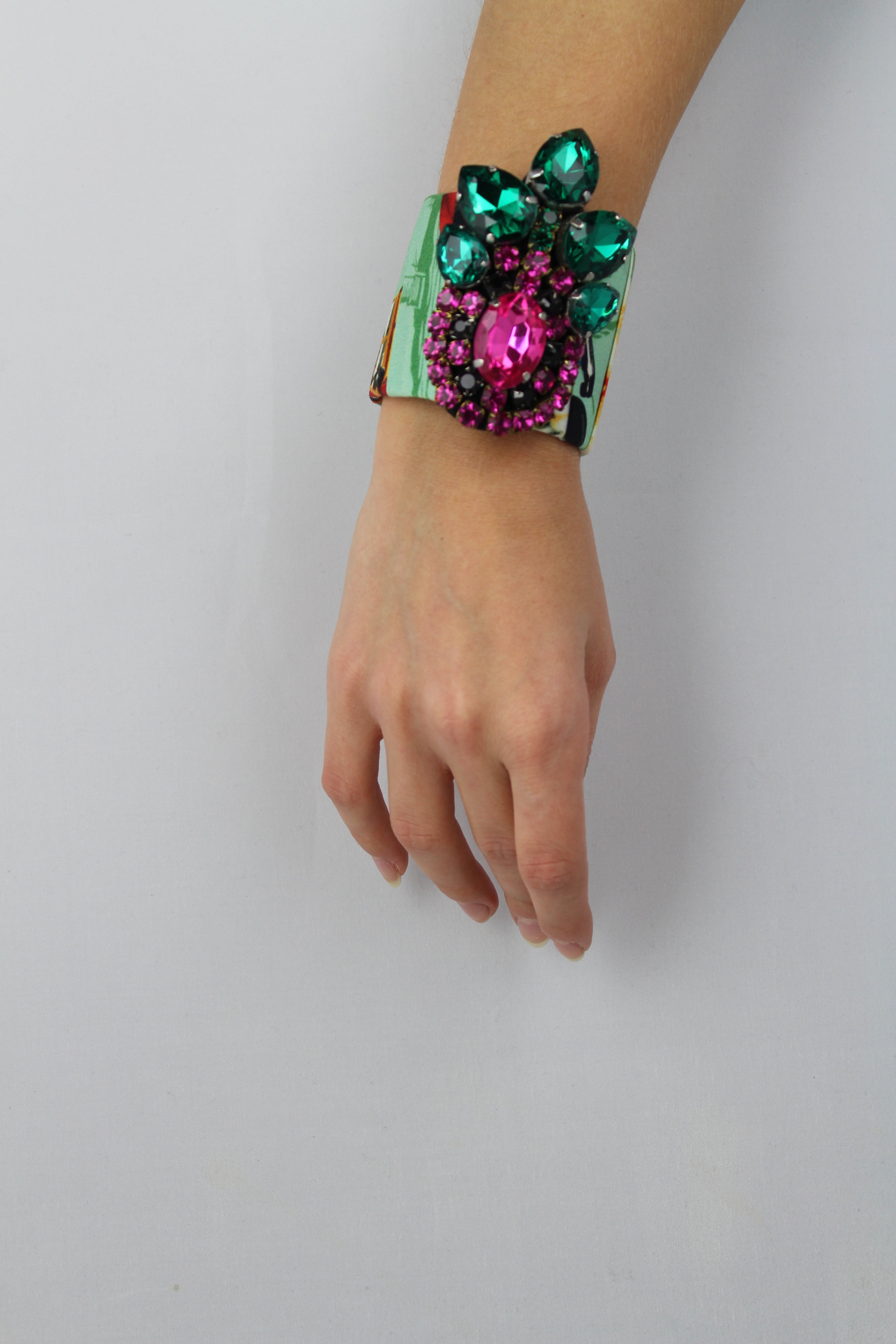 Stella Jean Green Fabric Stiff Bracelet with Stones - Elegant Jewelry for Women, Perfect for Parties, Weddings & Special Occasions