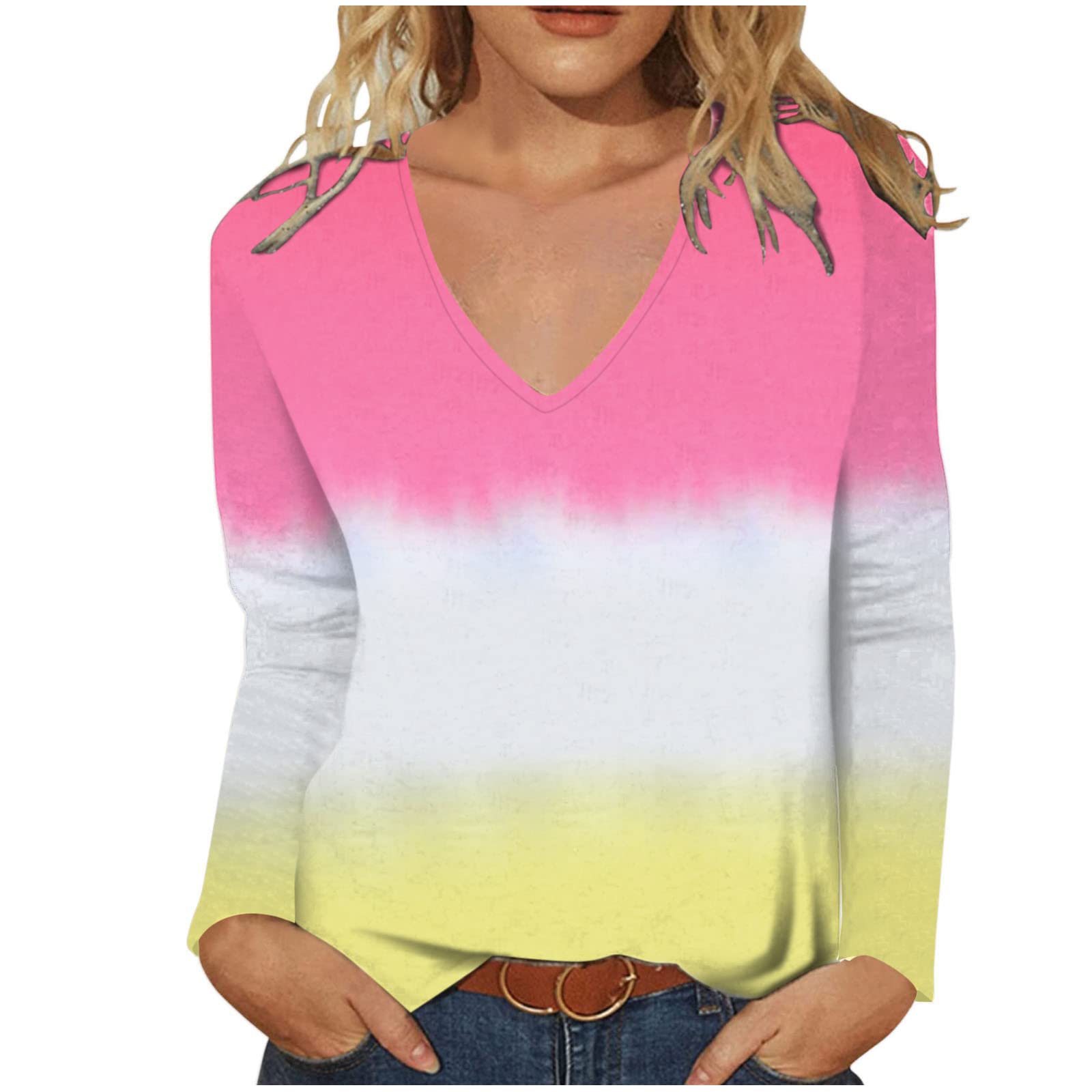 Women's Gradient Long Sleeve T-Shirt - Loose Fit V-Neck Tunic Top for Casual & Dressy Wear | Comfy Blouse for Work, Date Night & Everyday Fashion