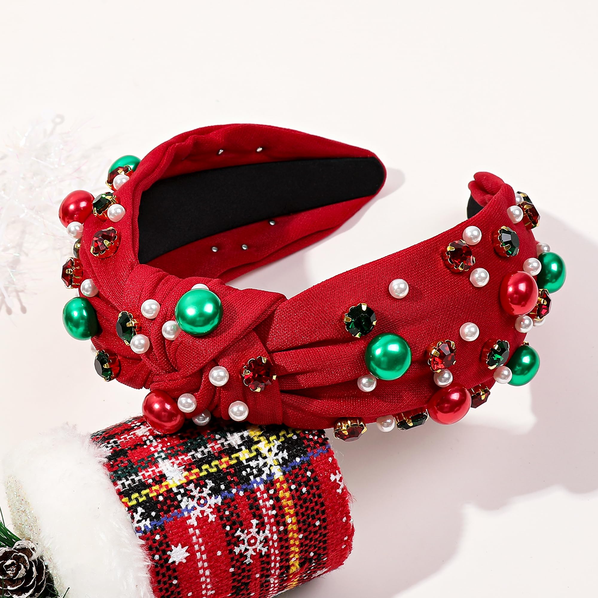 Sparkly Christmas Headbands for Women & Girls - Elegant Red Headband with Jeweled Pearls for Holiday Parties & Festive Occasions