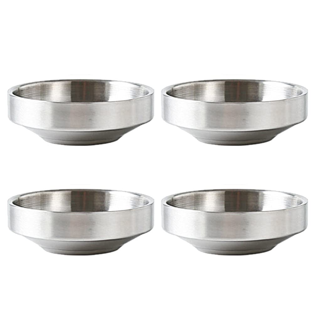 SHERCHPRY 4-Piece Stainless Steel Double-Deck Round Seasoning Dishes - Sushi Dipping Saucers, Sauce Bowls for Appetizers, Side Dishes - Perfect for Japanese Cuisine, Party Serving & Home Dining