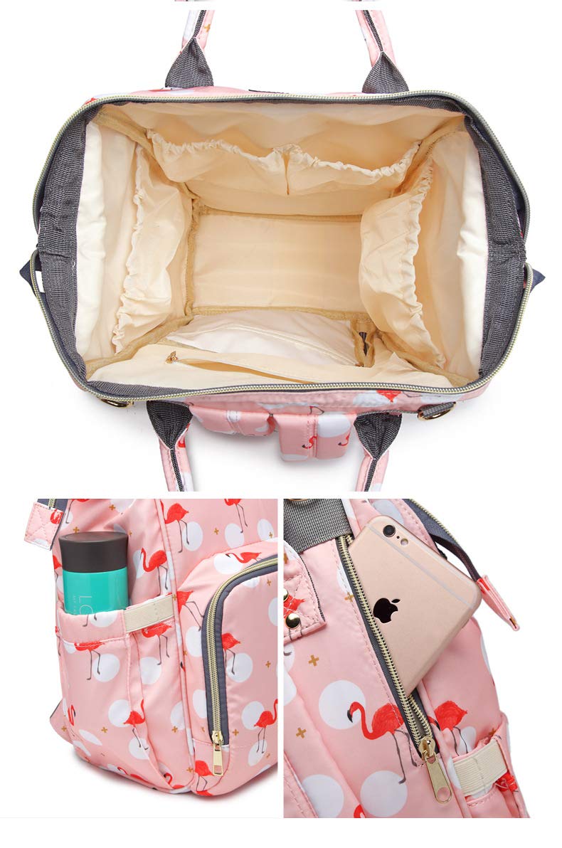 Waterproof Flamingo Diaper Bag for Moms & Dads - Spacious Travel Backpack with Organizer Pockets, Pink Tote Shoulder Bag for Baby Essentials | Perfect for Daycare, Travel & Family Outings