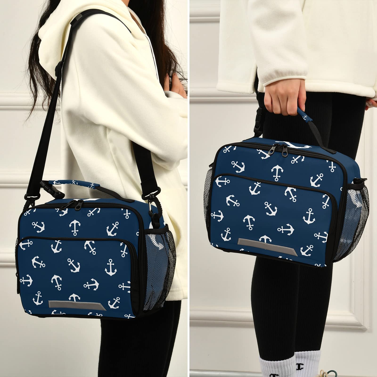 Insulated Blue Lunch Box with White Anchor Design - Reusable Cooler Lunch Bag for Women, Men, Kids - Perfect for School, Work, Picnic & Outdoor Activities