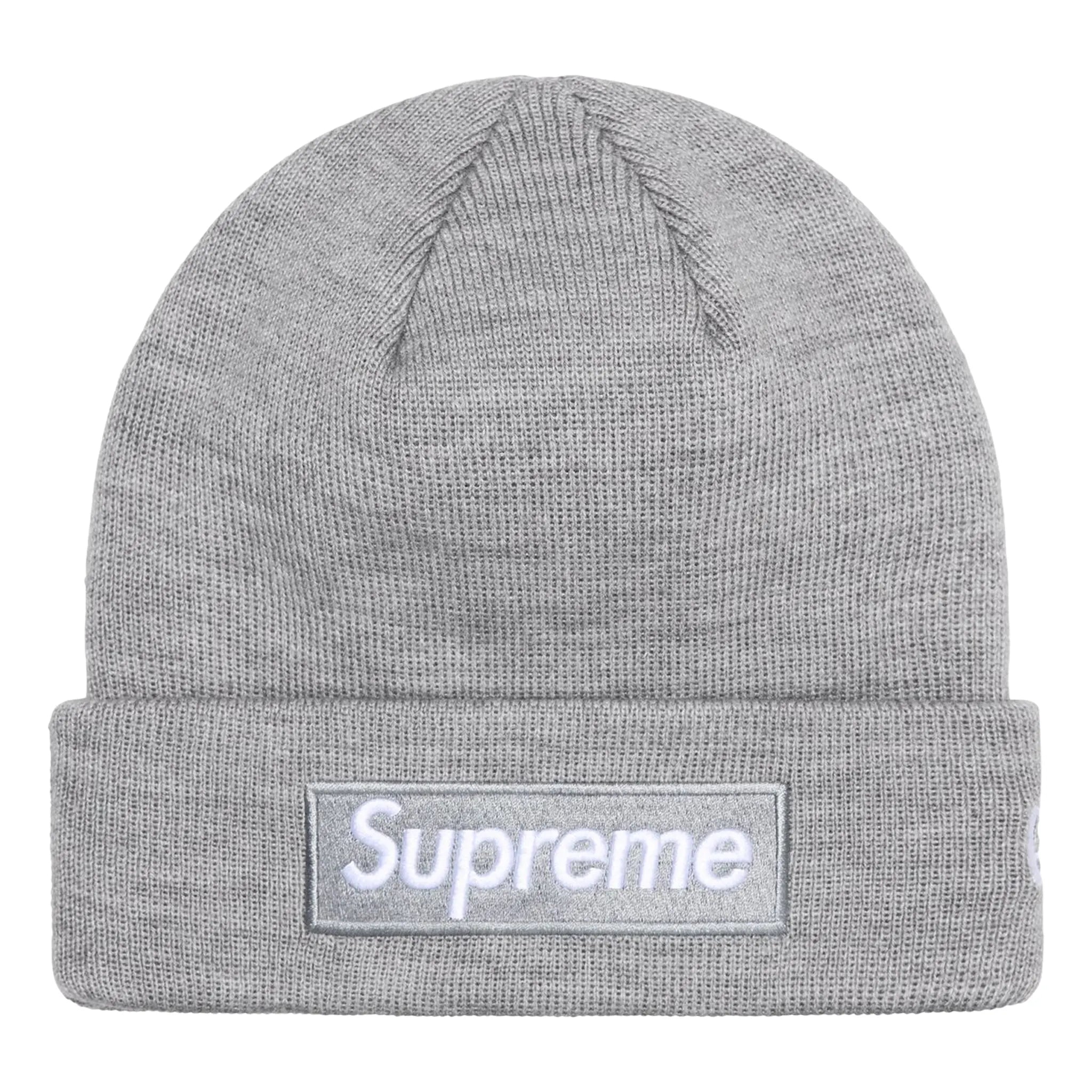 Supreme x New Era Box Logo Beanie - Heather Grey Winter Beanie Hat for Men & Women - Warm Knit Skull Cap for Cold Weather, Streetwear Fashion, and Outdoor Activities