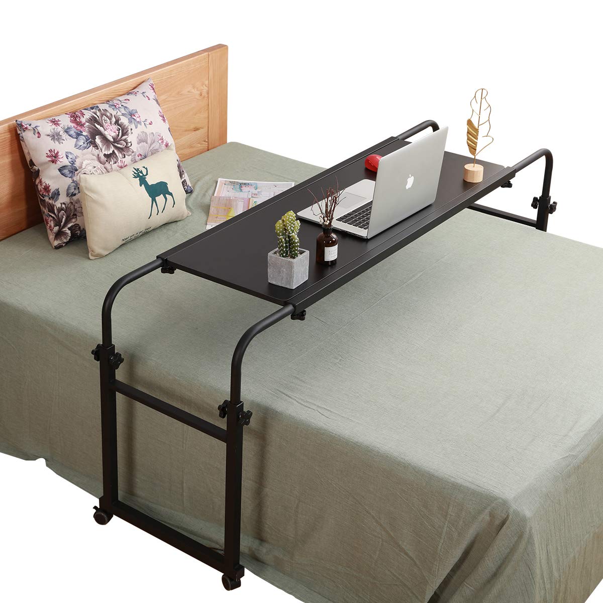Adjustable Overbed Table with Wheels - Rolling Laptop Desk for King/Queen Beds, Portable Hospital Bed Table (Black) - Perfect for Home Office, Hospital Use & Bedside Workspace