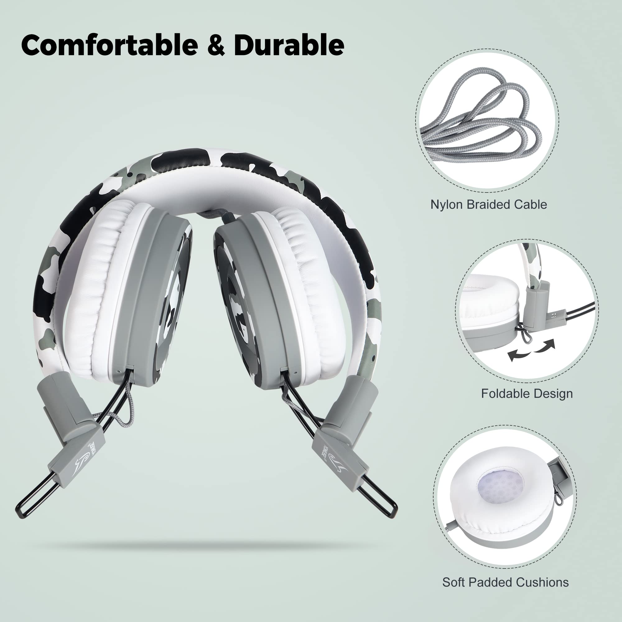 Yomuse C89 Kids Headphones with Microphone - Adjustable, Foldable On-Ear Wired Headphones for School, Travel - Boys, Girls, Adults (Camo Grey) - Perfect for Online Classes, Gaming & Airplane Trips