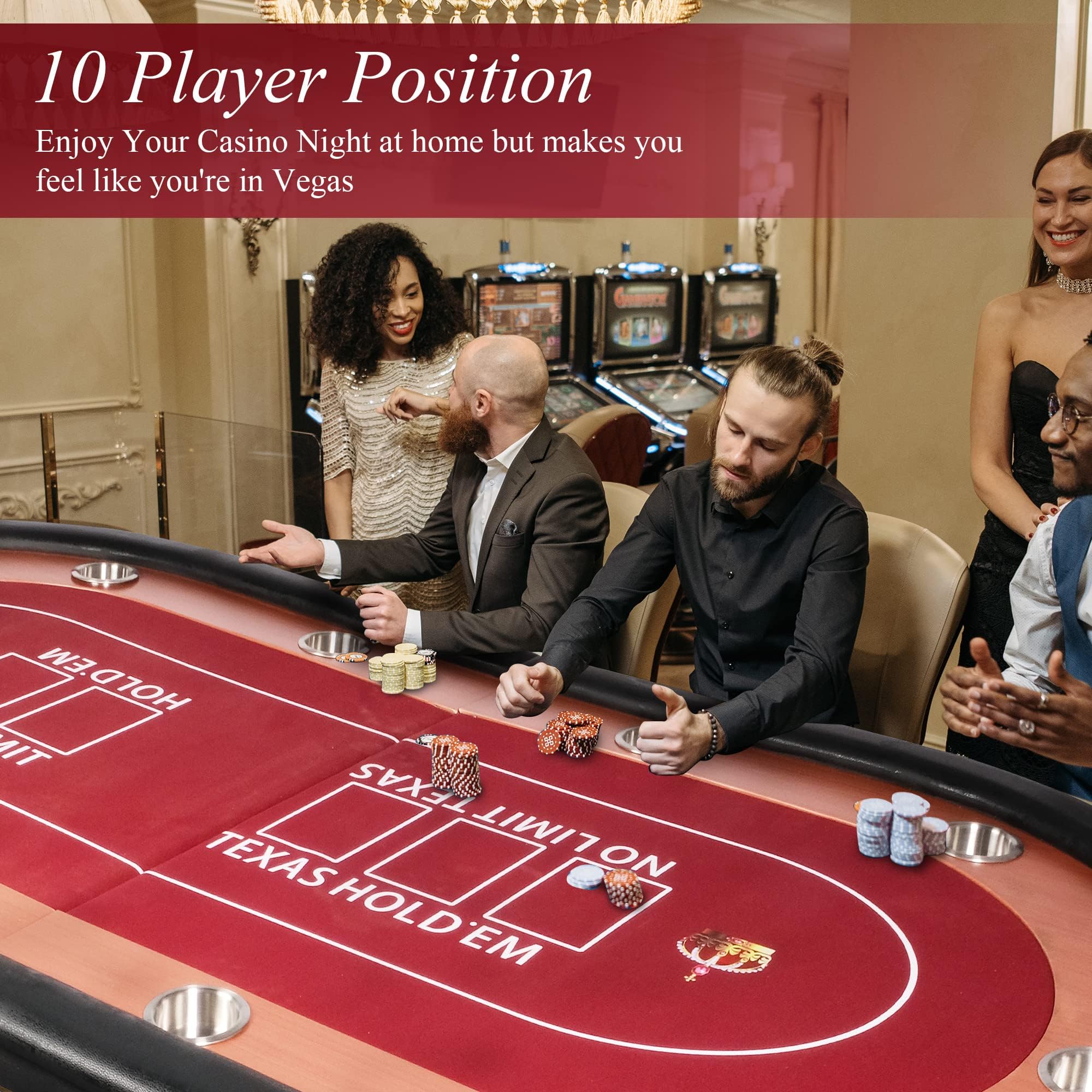 91'' Foldable Poker Table for 10 Players - Texas Hold'em, Blackjack & Casino Card Games - Portable Folding Design with Padded Rails, Cup Holders & Red Felt Surface - Perfect for Home Game Nights, Poker Parties & Casino-Themed Events
