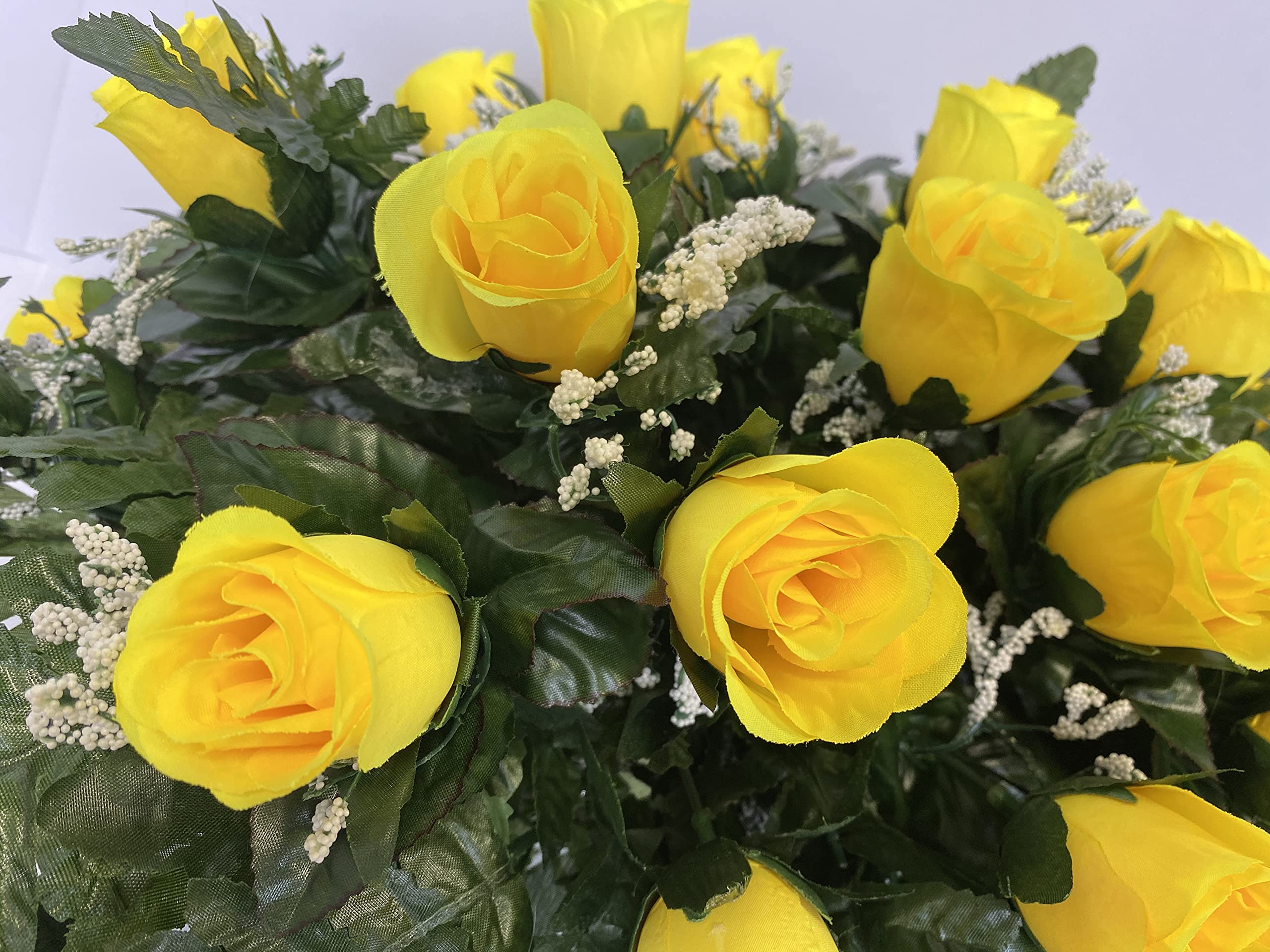Yellow Rose and Baby's Breath Flower Arrangement for Cemetery Headstones - Memorial Wreath for Graveside Decorations and Funeral Tributes