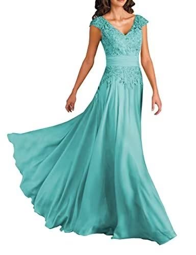 Elegant Short Sleeve Lace V-Neck Chiffon Mother of The Bride Dress - Wedding Guest Formal Evening Gown for Special Occasions & Parties (Style GQ15) | Perfect for Weddings, Receptions, Anniversaries & Black Tie Events