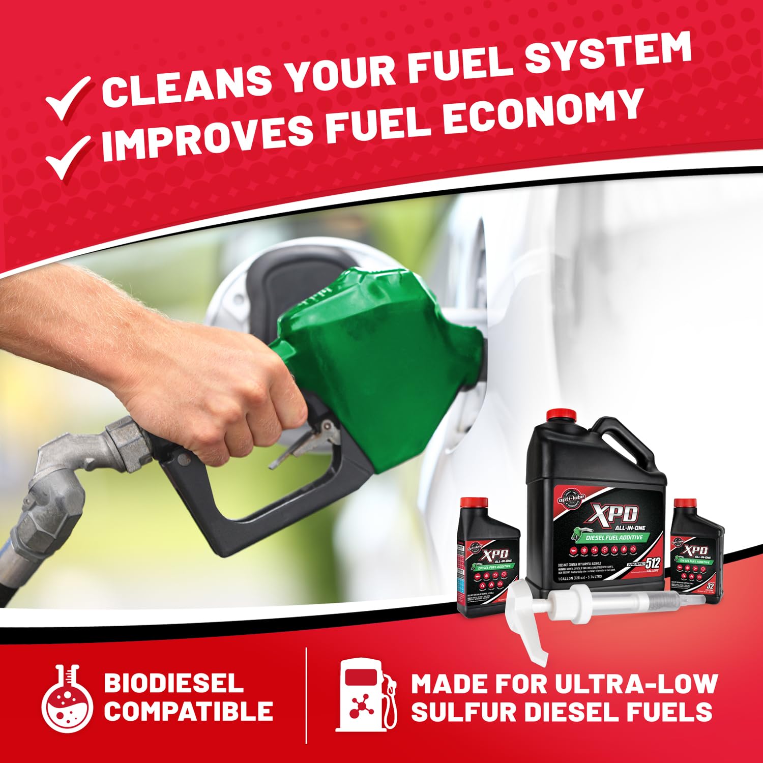Opti-Lube XPD All Seasons Diesel Fuel Additive - 1 Gallon Bottle with Hand Pump & 2 Empty 8oz Bottles | Improves Fuel Efficiency, Lubricates Injectors | Ideal for Trucks, Heavy Equipment & Cold Weather Use