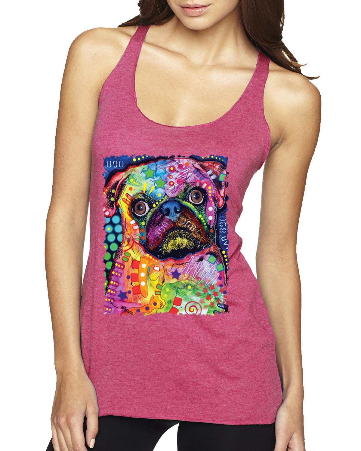 Dean Russo Art Funny Neon Pug Tri-Blend Racerback Tank Top for Women - Cute Animal Lover Graphic Tee for Casual Wear, Gym & Summer Outfits