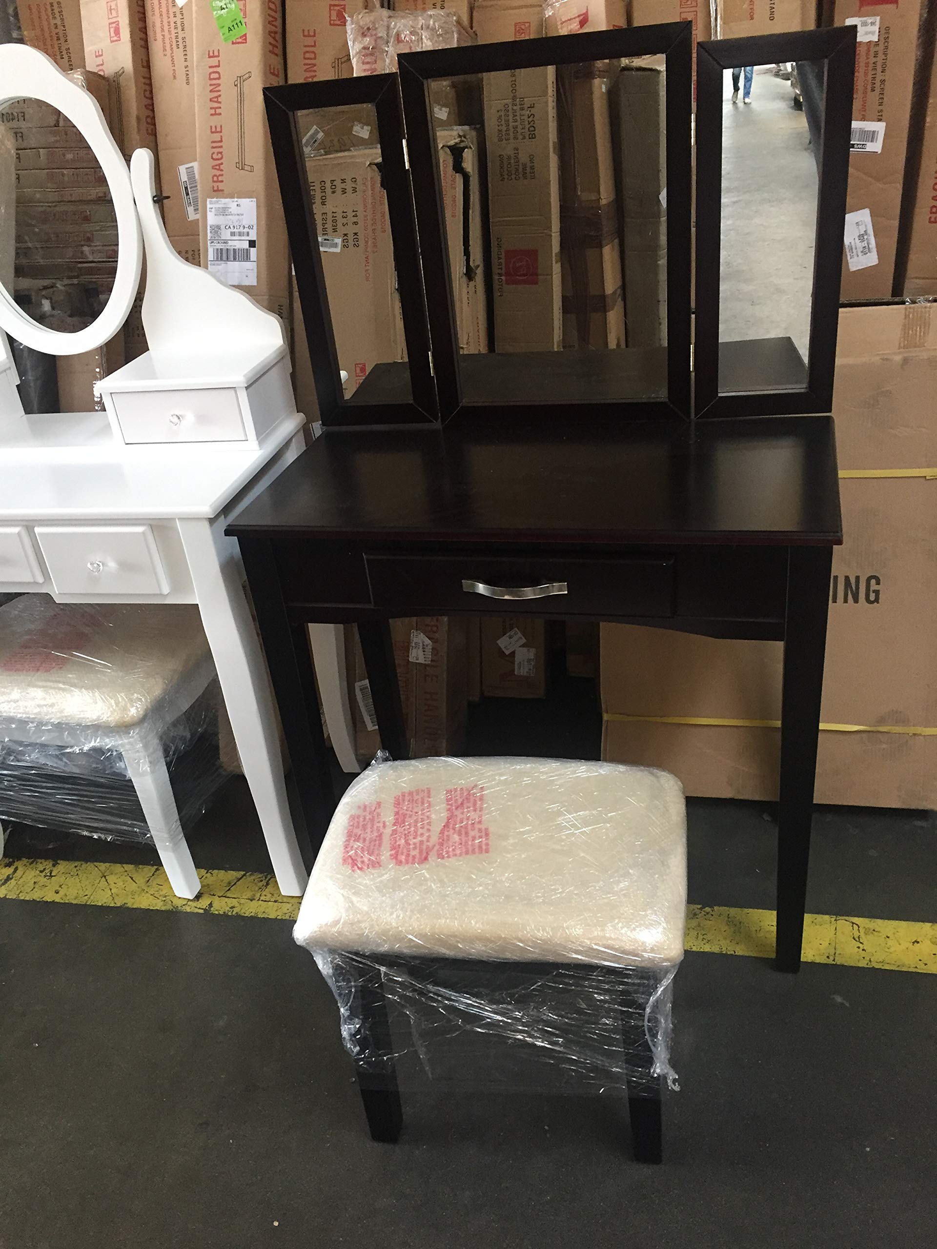 Espresso Vanity Set with Stool & 3-Panel Mirror - Perfect for Bedroom, Bathroom, or Dressing Room Makeup Station