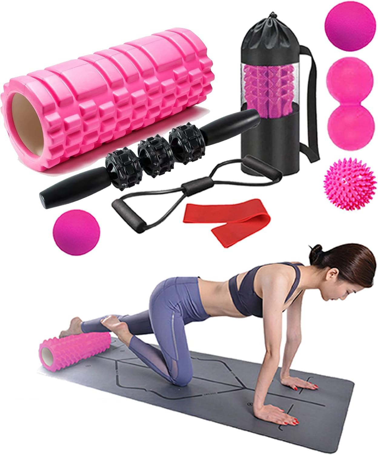 **OVTSPO 9-in-1 Foam Roller Set for Deep Tissue Massage & Pain Relief – Includes Hollow Core Massage Roller, Peanut Ball, Spiky Ball, Resistance Bands, Stretching Strap & More – Perfect for Back, Legs & Muscle Recovery – Pink**    *(Ideal for Post-Workout Recovery, Yoga, Physical Therapy & Home Gym Use)*