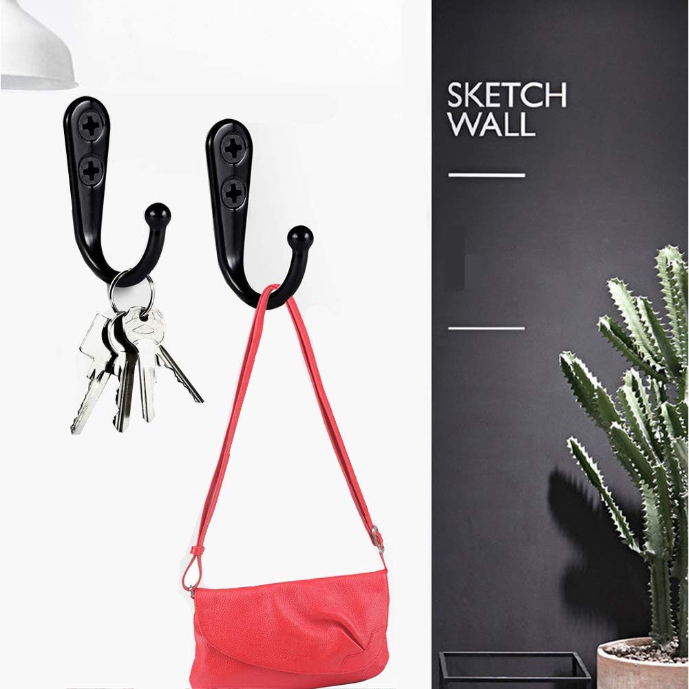 40 Pack Small Black Wall Mounted Coat Hooks - Vintage Style Double Hole Metal Hangers for Robes, Keys & Jewelry (Includes 80 Screws) - Perfect for Bedroom, Bathroom, Entryway & Closet Organization