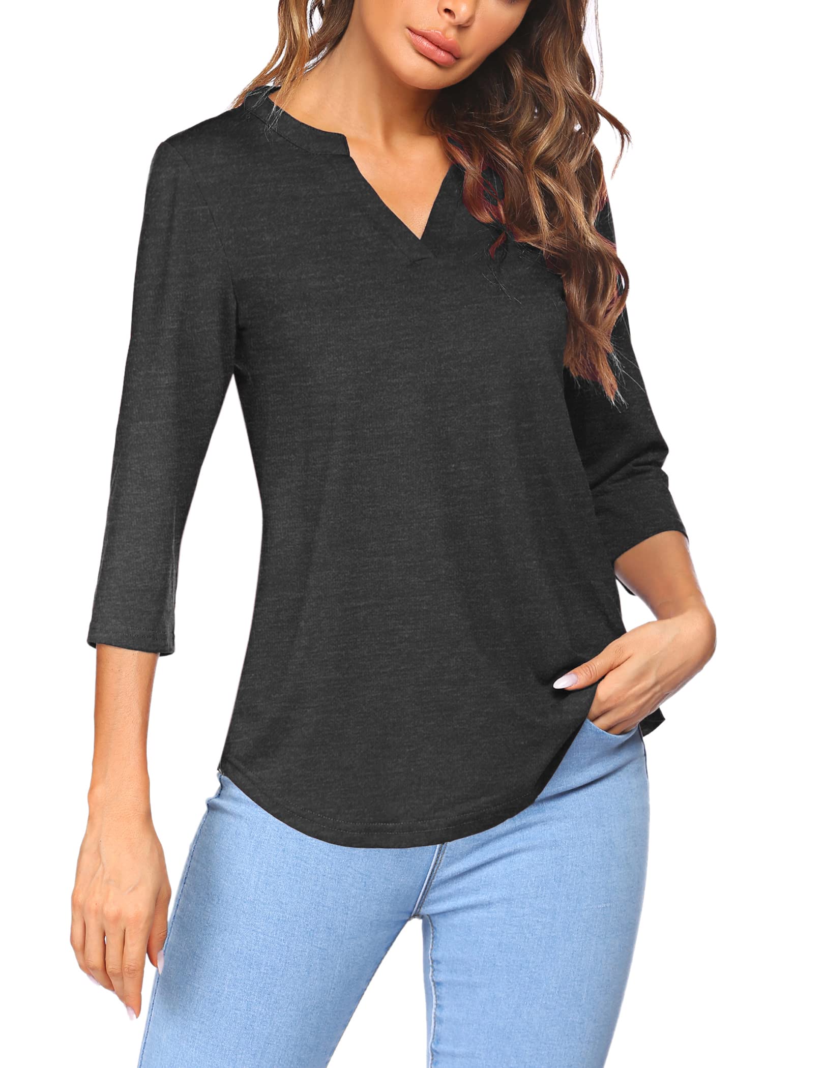 Sherosa Women's 3/4 Sleeve V-Neck Casual Henley Blouse - Soft Work Shirt for Office, Outfits & Everyday Wear
