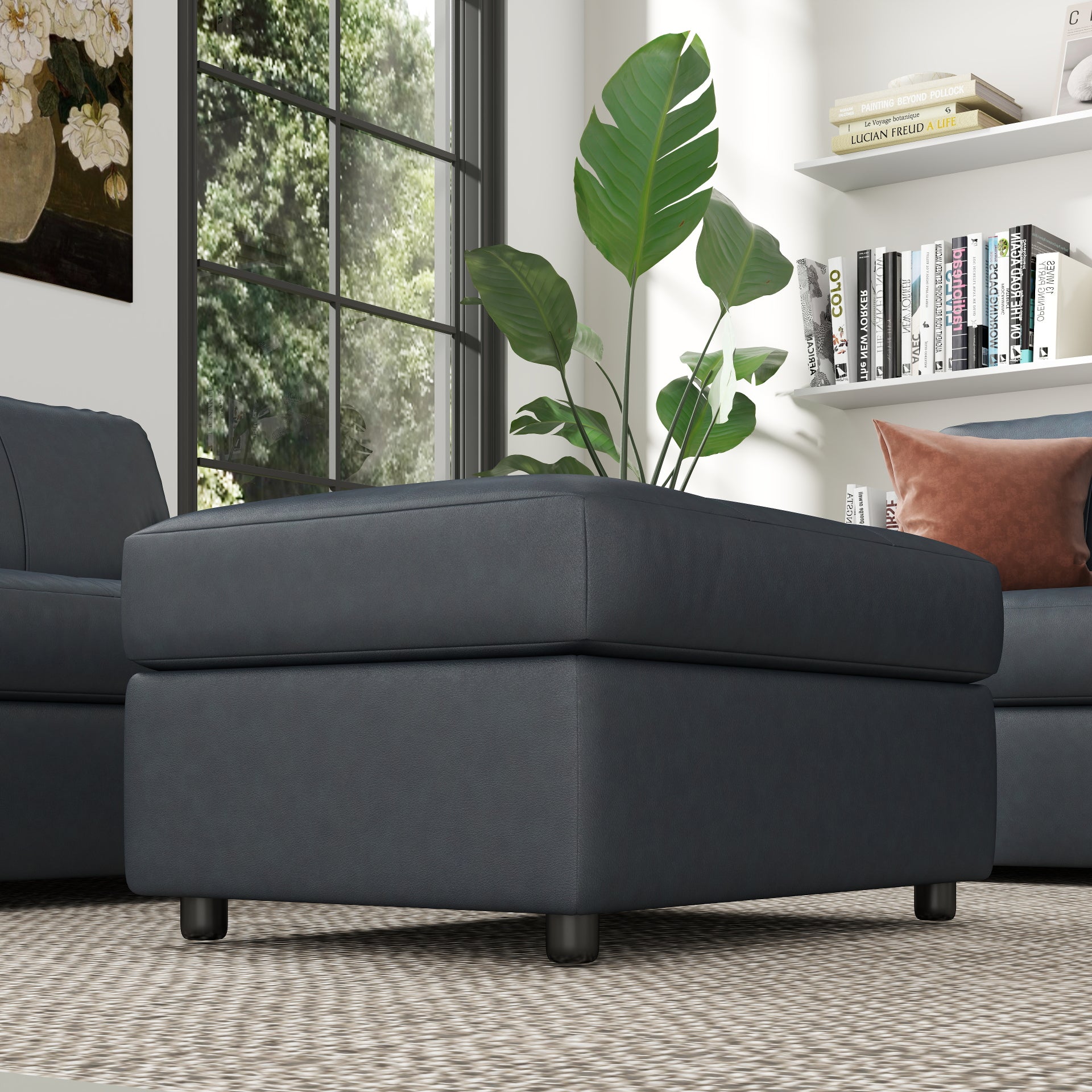 Roundhill Furniture Sakan Leather Upholstered Ottoman - Premium Leather Footrest Stool with Storage for Living Room, Bedroom & Home Decor