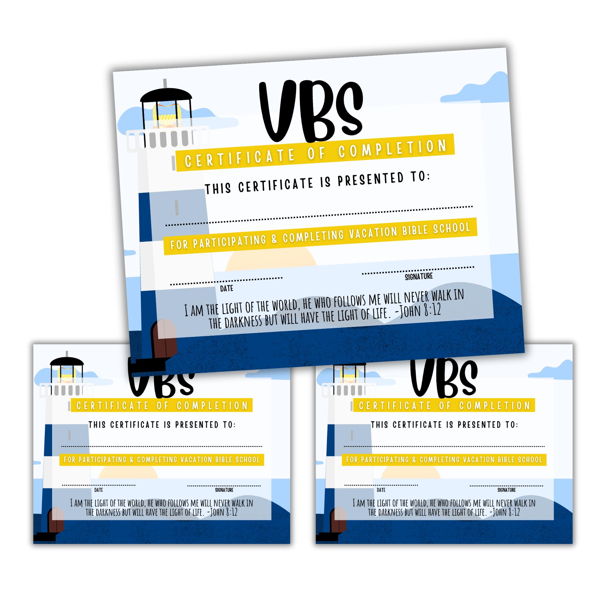 Vacation Bible School VBS Certificate of Completion Award - Pack of 50 | 8.5x11 Inch Lighthouse Bible Verse Beach Ocean Themed Participation Certificates for Kids Sunday School, Summer Camp & Christian Education Programs
