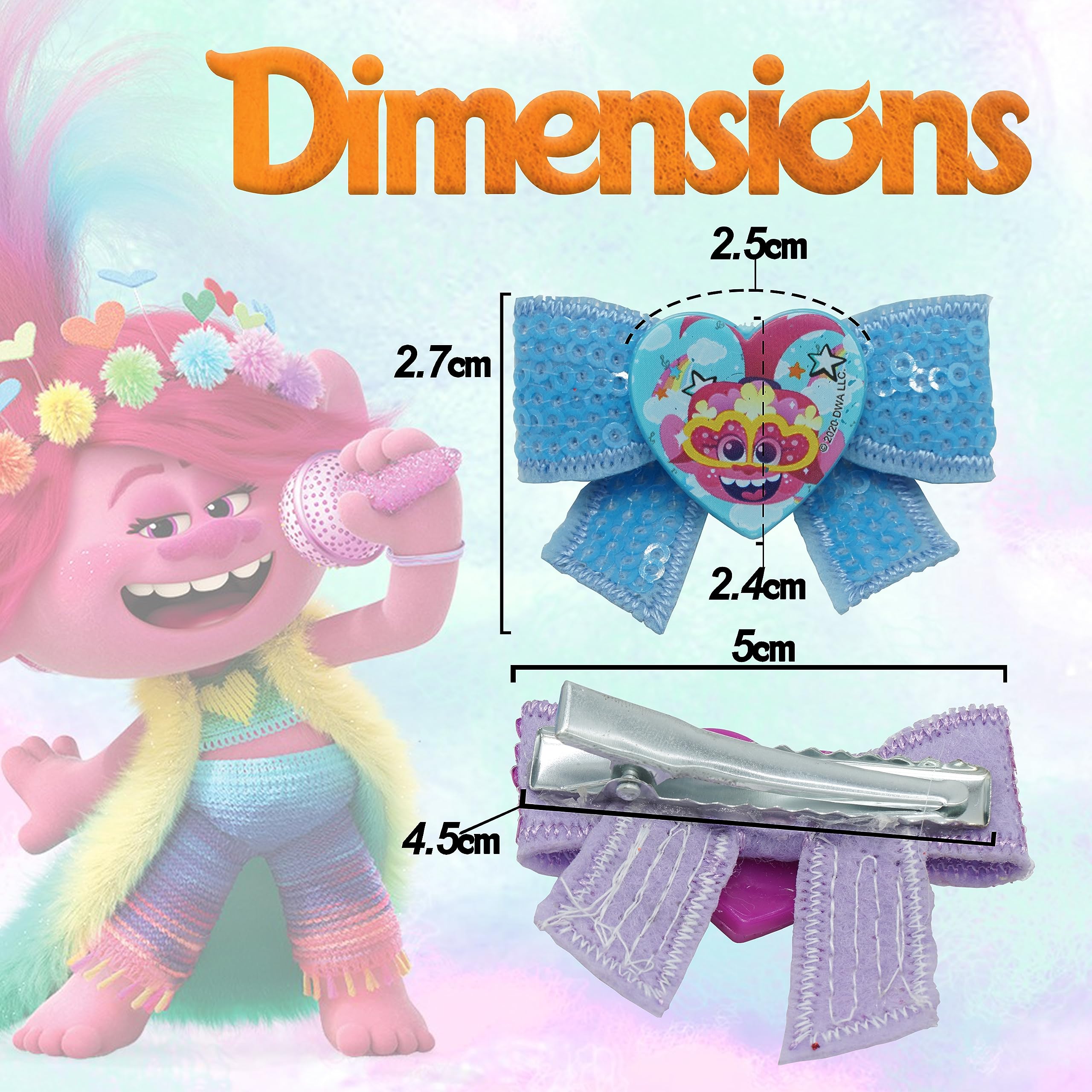 2Pcs Disney Trolls Hair Bow Clips for Girls – Non-Slip Hair Accessories, Hair Clips & Sliders – Reduce Hair Breakage – Perfect for School, Parties & Daily Styling
