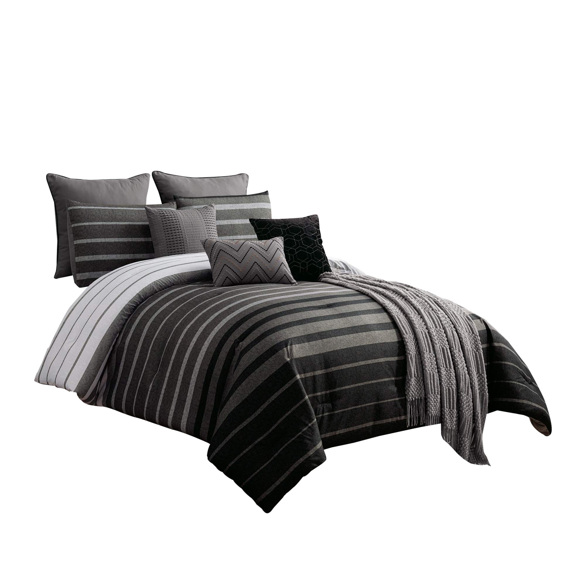 Benjara 10-Piece Queen Size Polyester Comforter Set - Striped Black and Gray Bedding Set for Modern Bedrooms | Soft & Cozy for All Seasons | Perfect for Master Bedroom, Guest Room & Dorm Decor