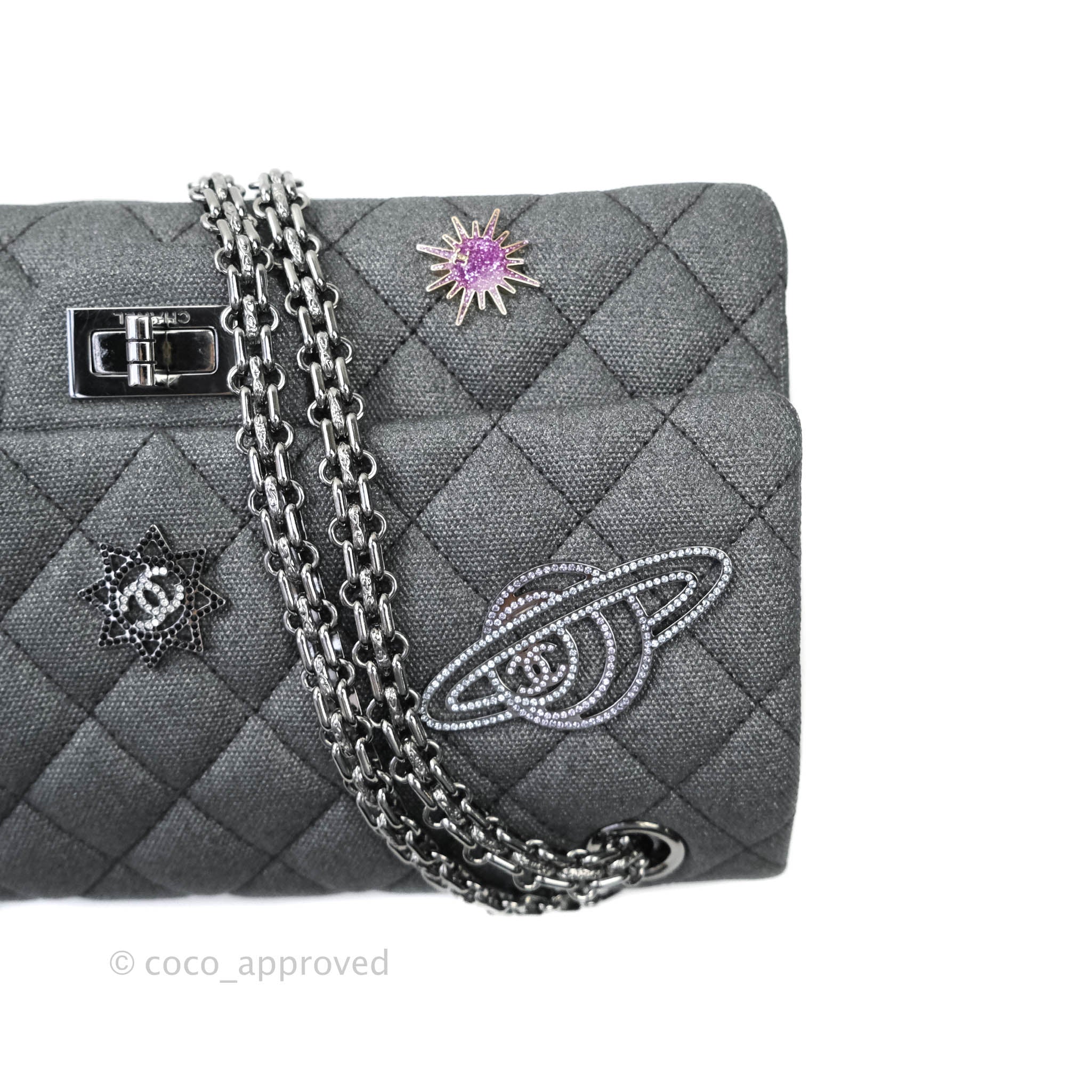 Chanel 2.55 Reissue Lucky Charms 225 Flap Bag in Iridescent Metallic Grey Canvas with Gun Metal Hardware - Perfect for Evening Events & Luxury Fashion Collectors