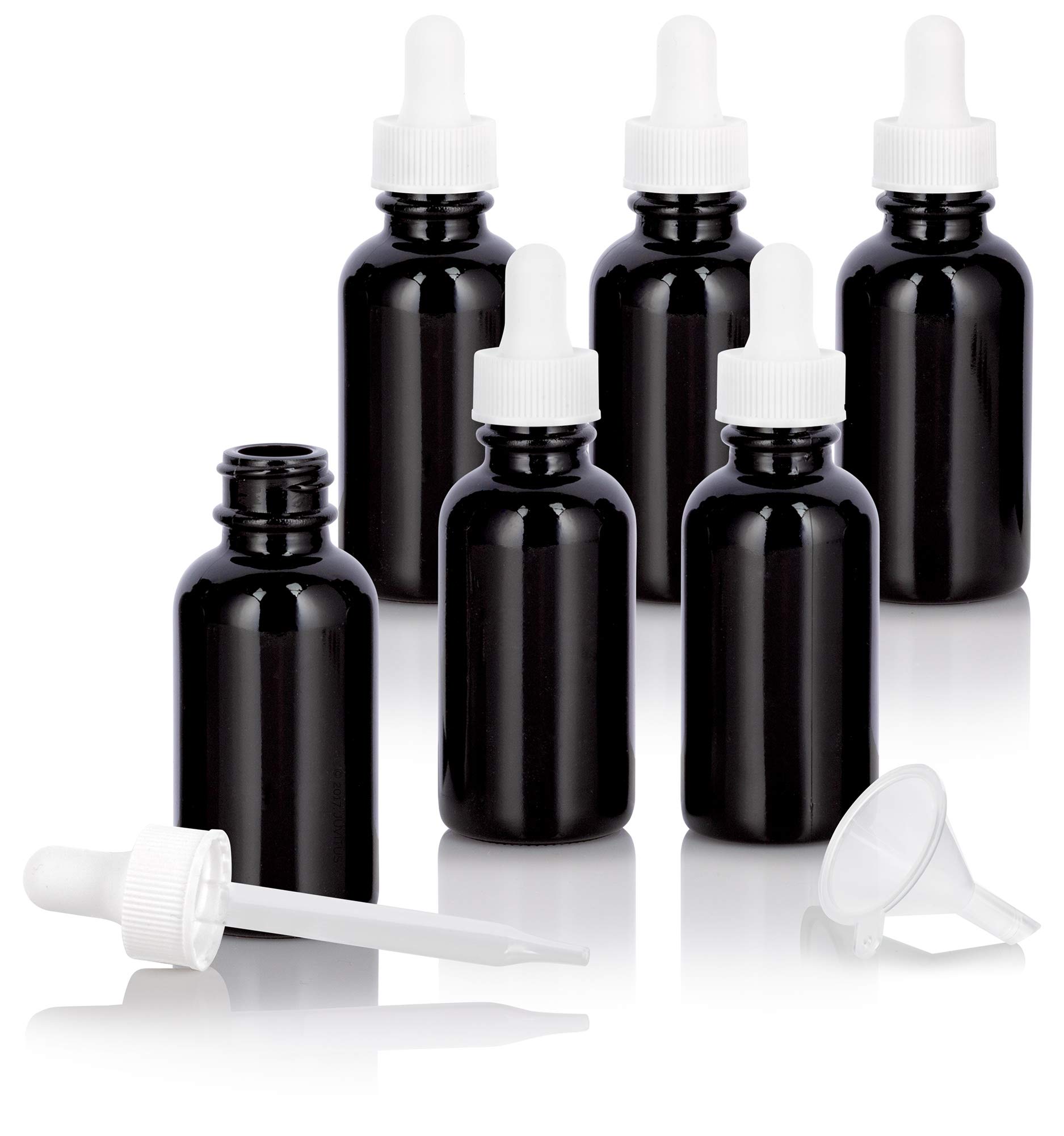 Premium 1 oz Black Glass Boston Round Bottles with White Dropper (6 Pack) - Essential Oil Dropper Bottles, Travel-Size Liquor Bottles, DIY Perfume Containers - Perfect for Aromatherapy, Cocktail Mixing & Handmade Cosmetics