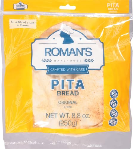 Roman's Bakehouse Original Pita Bread - 8.8oz Pack | Soft & Fluffy Mediterranean Flatbread for Sandwiches, Wraps & Dips | Perfect for Gyros, Hummus & Falafel