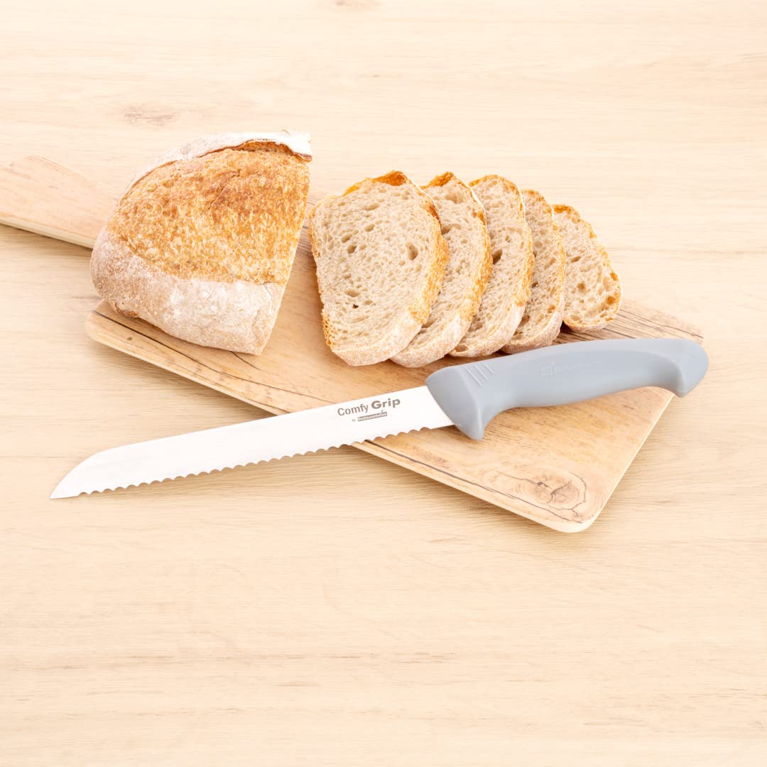 Restaurantware Comfy Grip 8 Inch Bread Knife - Sharp Serrated Stainless Steel Blade with Ergonomic Non-Slip Handle for Slicing Bread, Cake & Pastries | Dishwasher Safe | Perfect for Bakeries, Restaurants & Home Kitchens