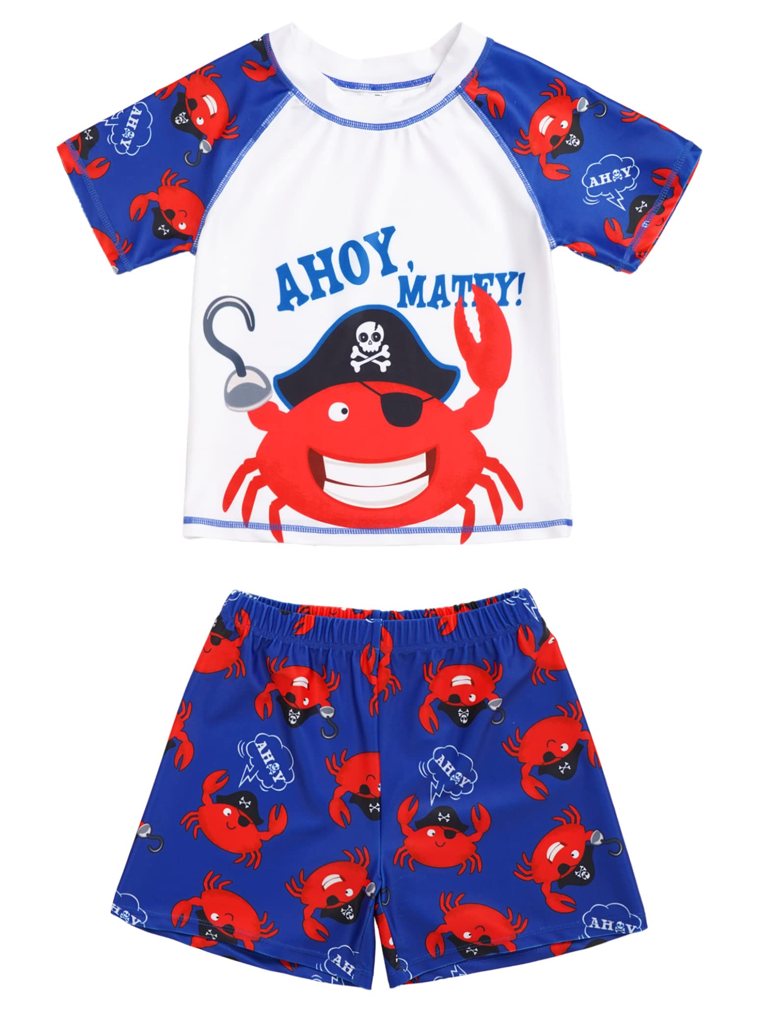 Boys' 2-Piece Rash Guard Swim Set with UPF 50+ Protection - Cartoon Short Sleeve Swim Shirt & Trunks for Surfing, Swimming & Beach Activities