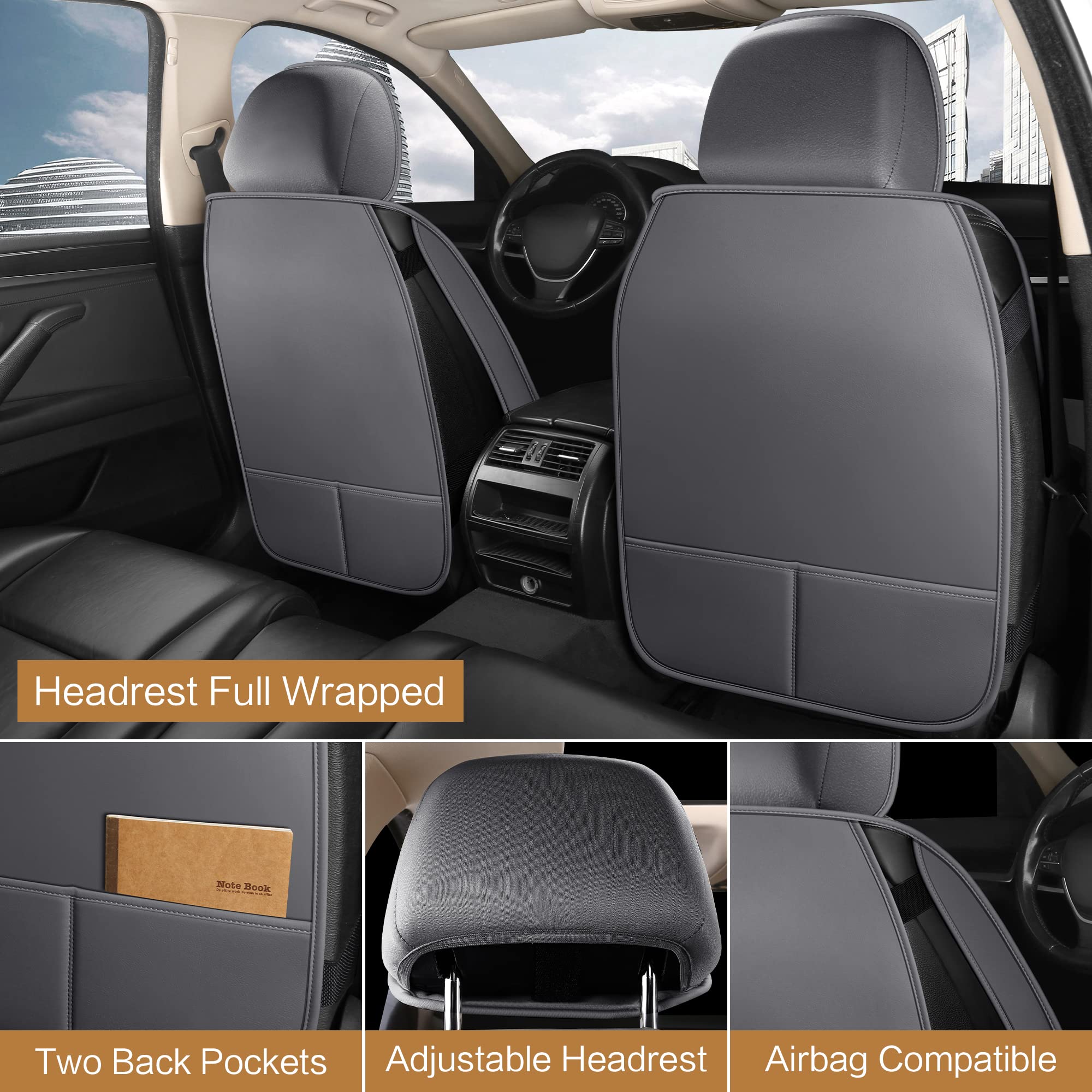 Premium Faux Leather Car Seat Covers Full Set - Waterproof, Non-Slip Universal Fit for Most Sedans, Trucks & SUVs | Durable Gray Interior Protection for Daily Commute & Road Trips