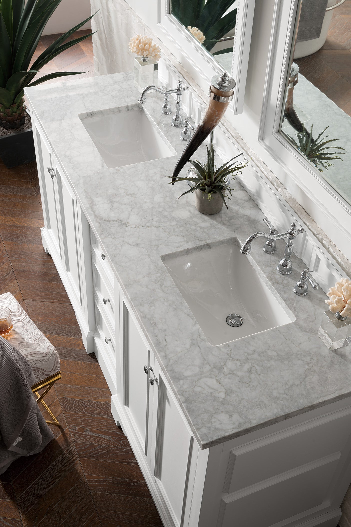 De Soto 72 Inch Double Bathroom Vanity with Bright White Finish & 3CM Carrara Marble Top - Perfect for Master Bathroom Renovation & Modern Home Decor