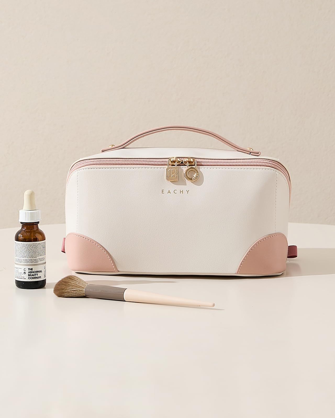 EACHY Large Waterproof Travel Makeup Bag for Women - Spacious Cosmetic Organizer with Dividers, Handle & Open Flat Design - Perfect for Toiletries, Travel, Gym & Daily Use