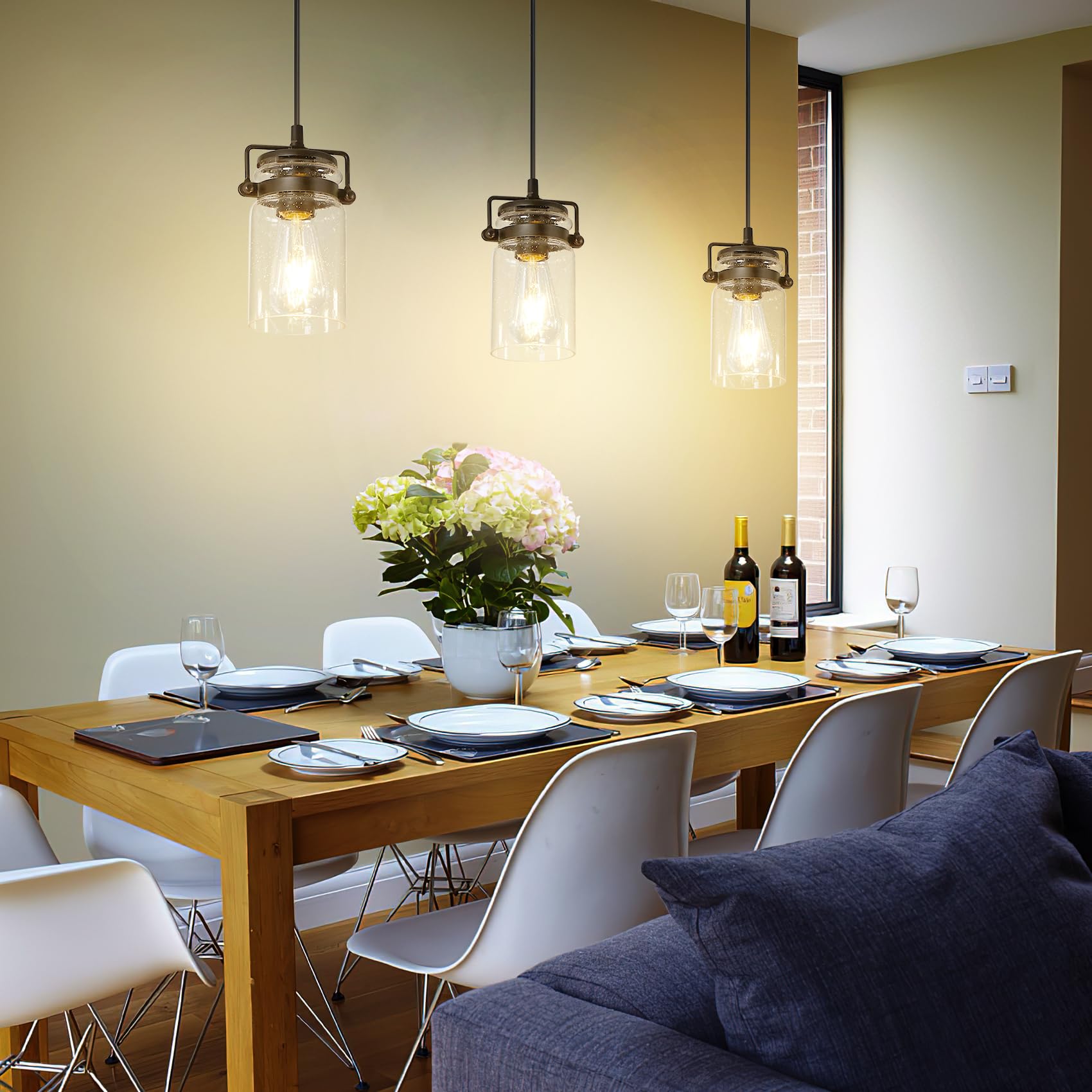 3 Pack Black Adjustable Farmhouse Pendant Lights with Seeded Glass Shade - Industrial Hanging Ceiling Light Fixtures for Kitchen Island, Dining Room, Bar & Living Room Decor