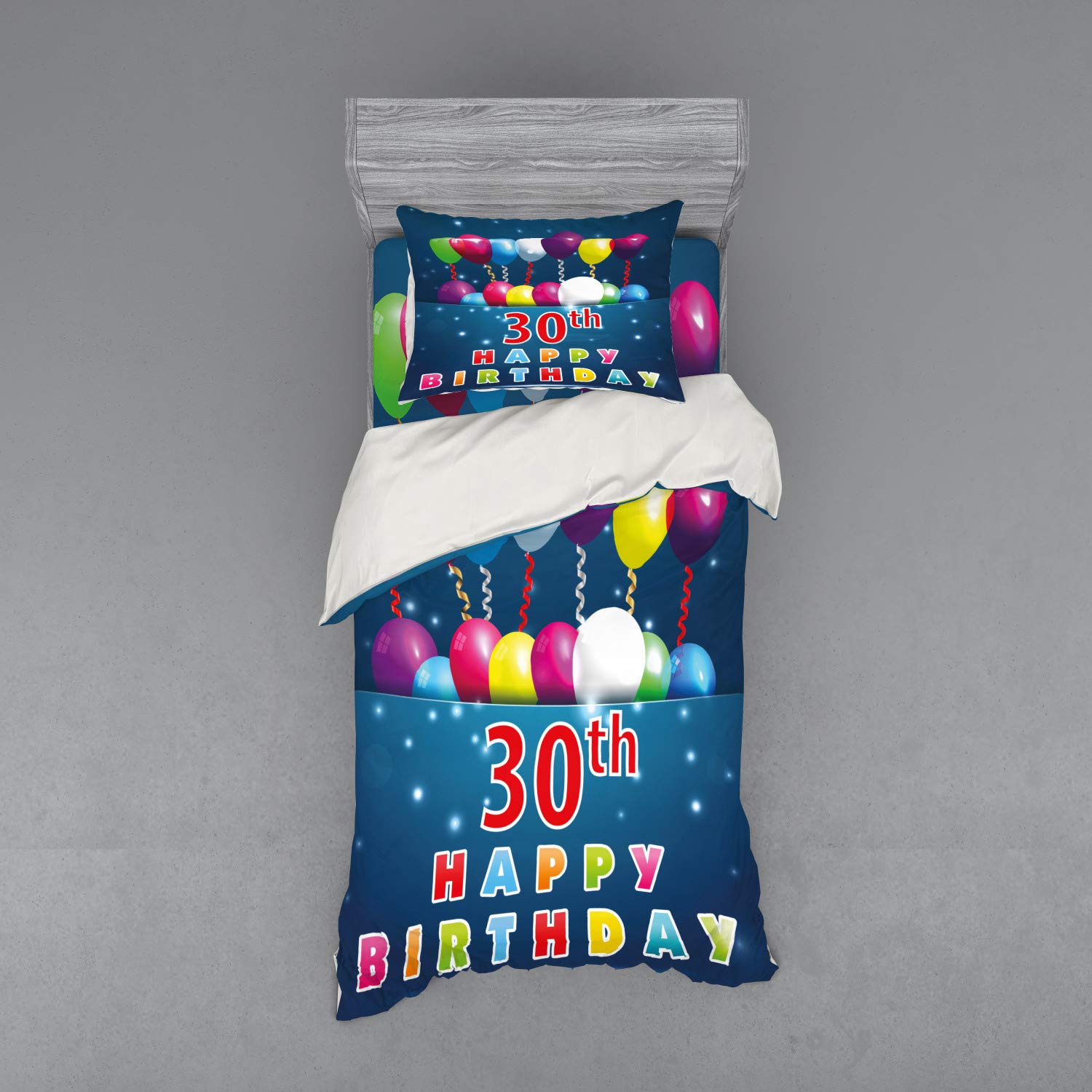 Ambesonne 30th Birthday Duvet Cover Set - Colorful Balloons & Ribbons on Starry Sky Print, 3-Piece Twin Size Bedding Set with Sham & Fitted Sheet, Multicolor - Perfect for Birthday Parties & Teen Bedroom Decor