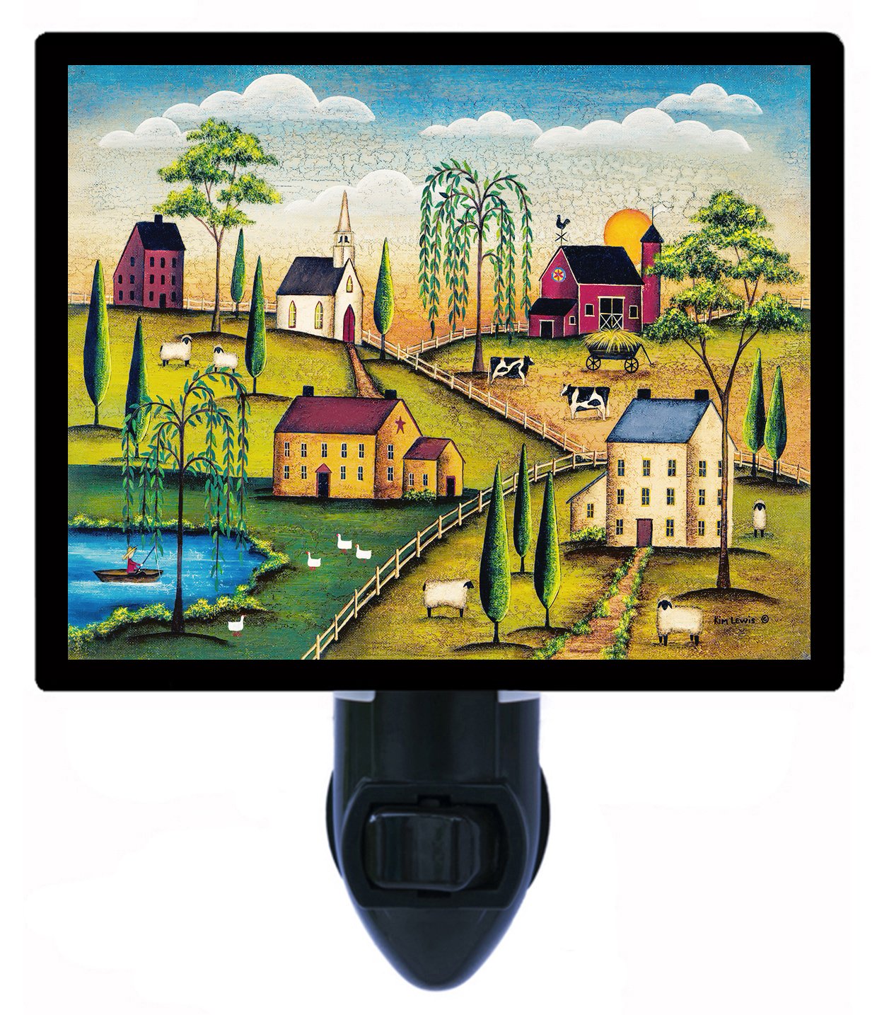 Village Day Folk Art Country LED Night Light - Warm White Dimmable Bedside Lamp for Nursery, Kids Room, Hallway & Home Decor