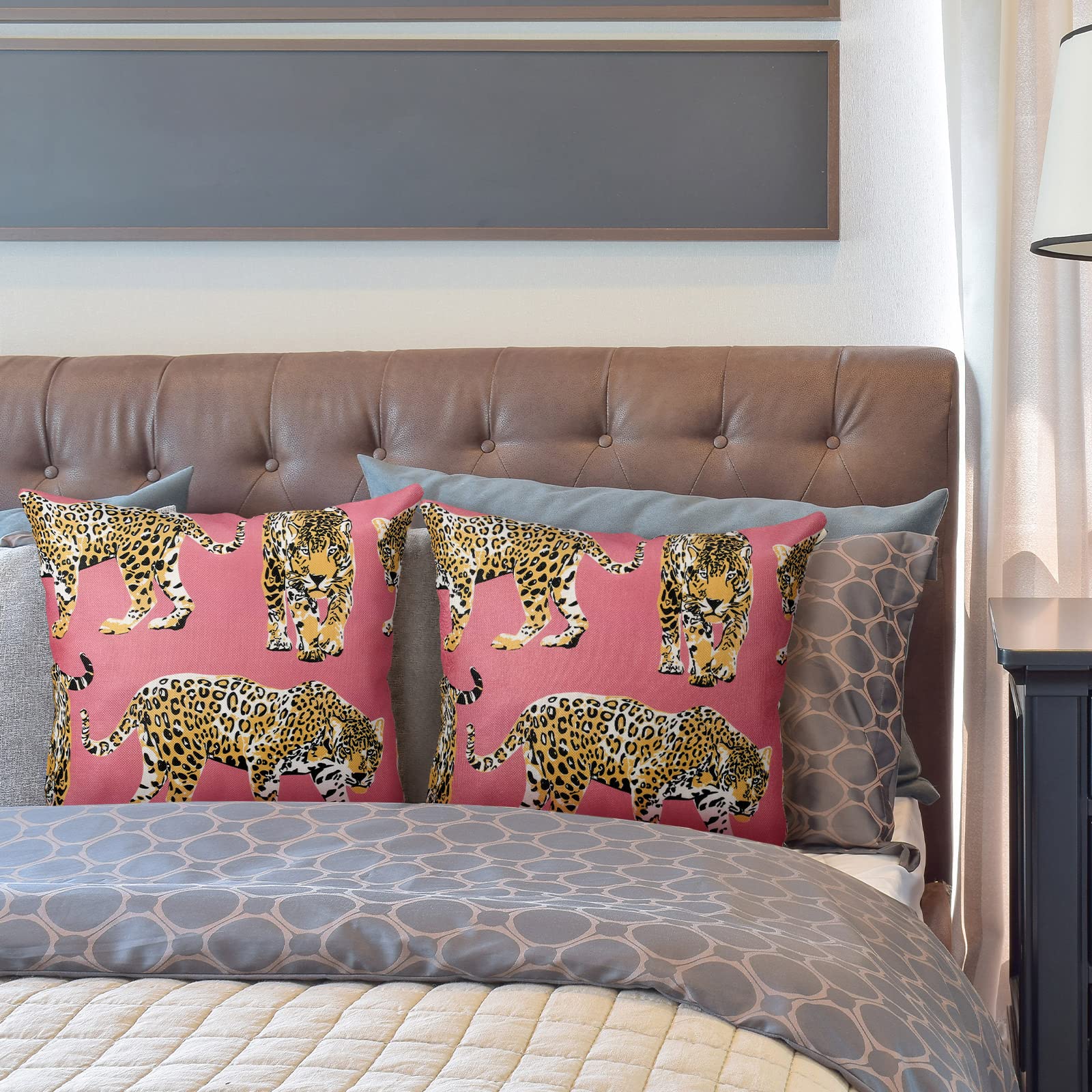 Buryeah 2 Pack Leopard Print Throw Pillow Covers 18x18 Inch - Trendy Cheetah & Tiger Pattern Decorative Pillow Cases for Sofa, Living Room, Bedroom - Hot Pink Funky Preppy Home Decor for Girls Room, Dorm, Lounge