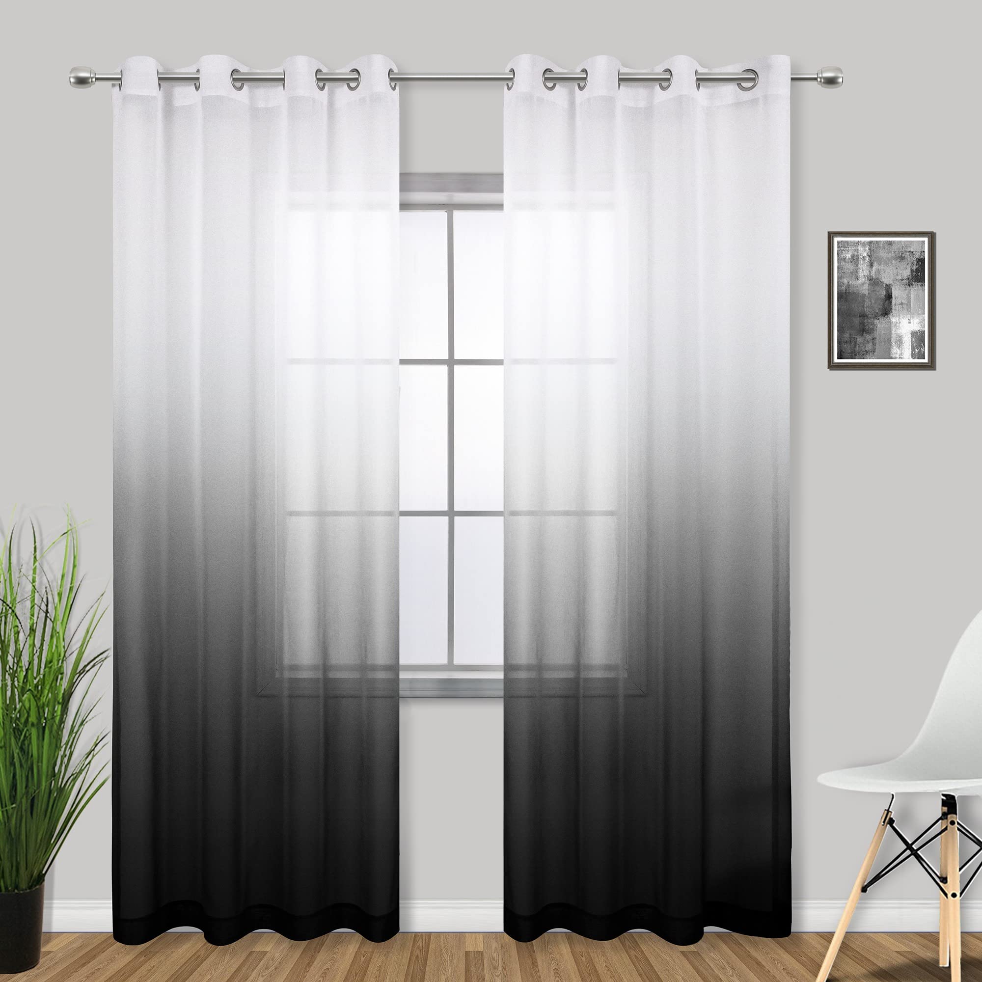 KOUFALL 84 Inch Black and White Sheer Ombre Curtains - 2 Panel Set for Living Room, Bedroom & Dining Room - Light Filtering Window Drapes for Home Decor