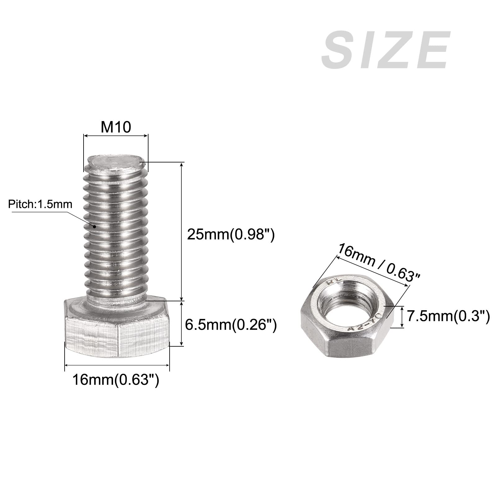 304 Stainless Steel M10x25mm Hex Screws Bolts Kit (8 Sets) - for Home Appliance Repair