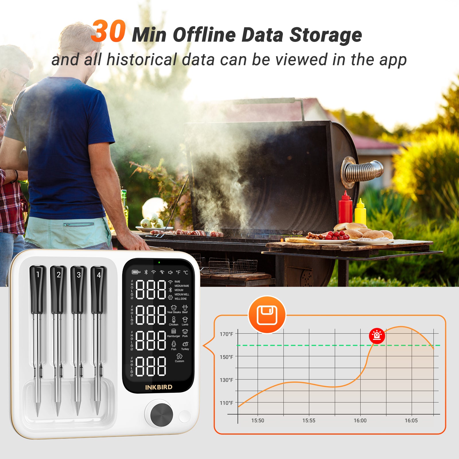 Wireless Meat Thermometer with WiFi & Bluetooth - INT 14 BW for Smart Cooking, Grilling, Smoking & Baking