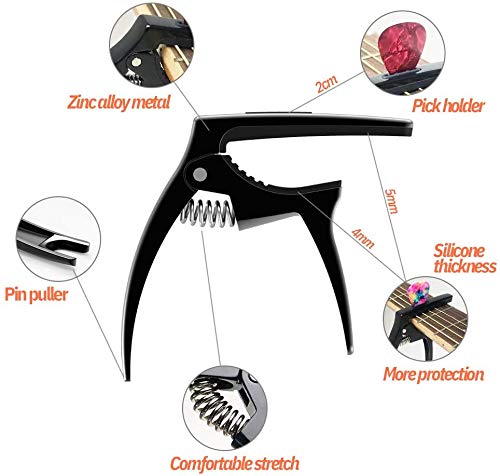 3-in-1 Guitar Capo for Acoustic & Electric Guitars with Pick Holder - 2 Pack Includes 6 Picks - Universal Ukulele Capo - Premium Strings Accessories (Black & Wood) - Perfect for Live Performances, Studio Recording & Practice Sessions
