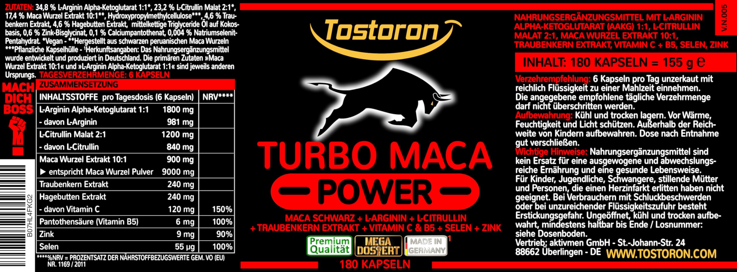 Tostoron TURBO MACA POWER High Potency - 180 Capsules L-Arginine AKG + L-Citrulline Malate, BLACK MACA, Grape Seed Extract, Vitamin C - 1 Bottle (1x155g) - Boost Energy, Stamina & Performance for Workouts & Intimacy