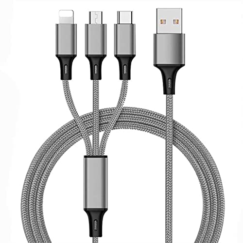 Naiadiy Universal 3-in-1 Nylon Braided USB Charging Cable 4FT/1.2M Fast Charging 3A (Lightning/Type-C/Micro-USB) Space Gray - Durable Multi-Device Charger for iPhone, Android, Tablet | Home, Office, Travel Use